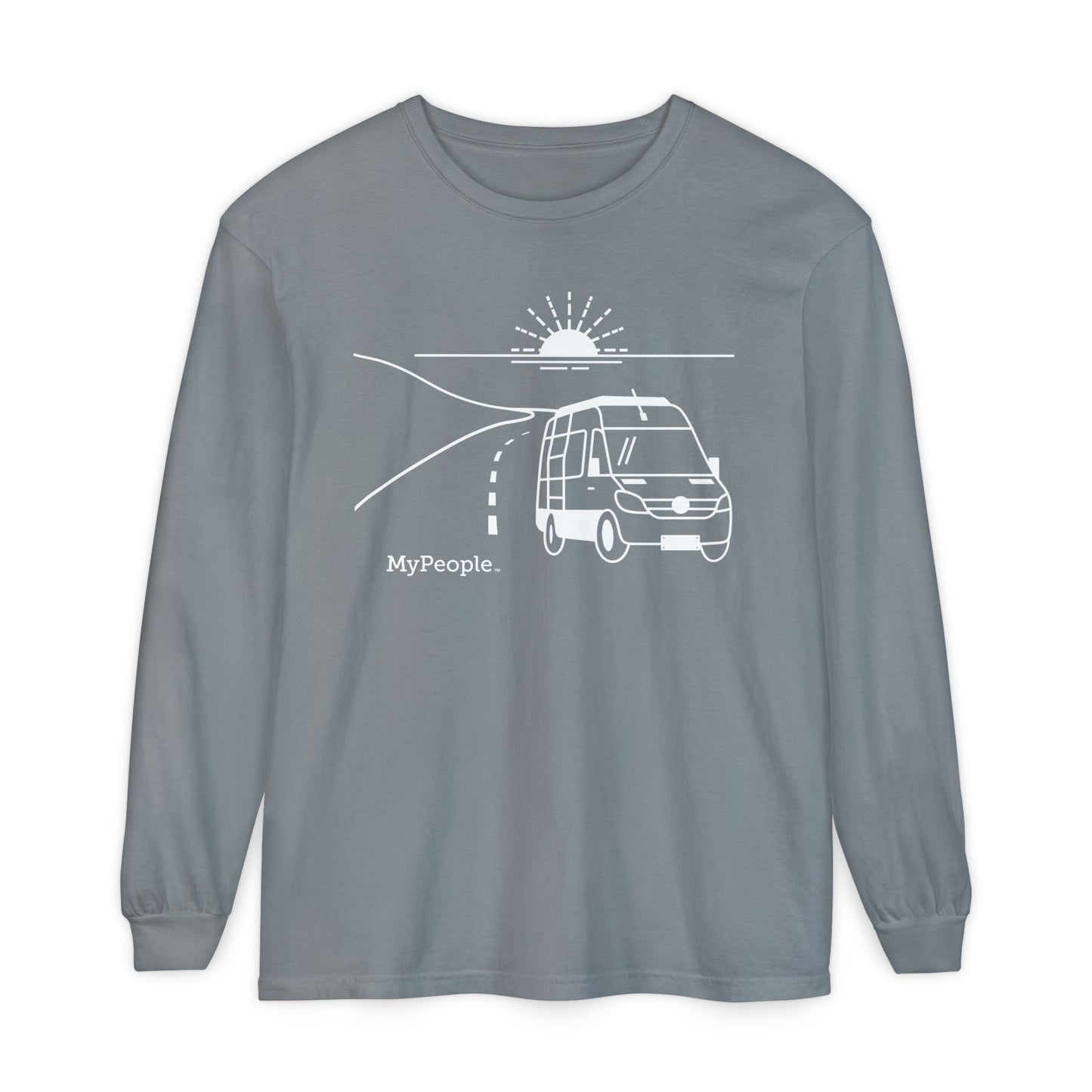 Line illustration of a camper van on a highway with a setting sun, with the word MyPeople underneath on a unisex garment.