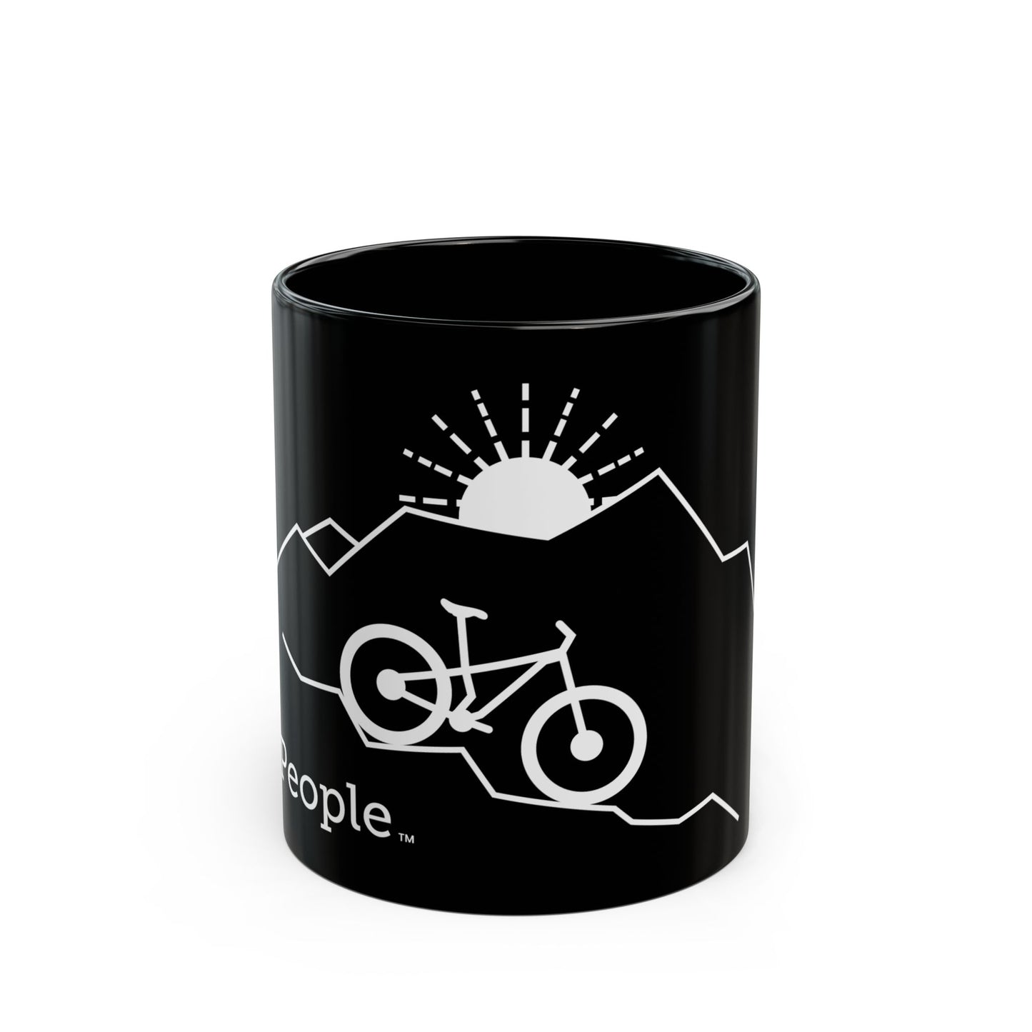 Line illustration of a mountain bike on a downhill slope with mountains and a setting sun behind it, with the word MyPeople underneath printed on a ceramic mug.