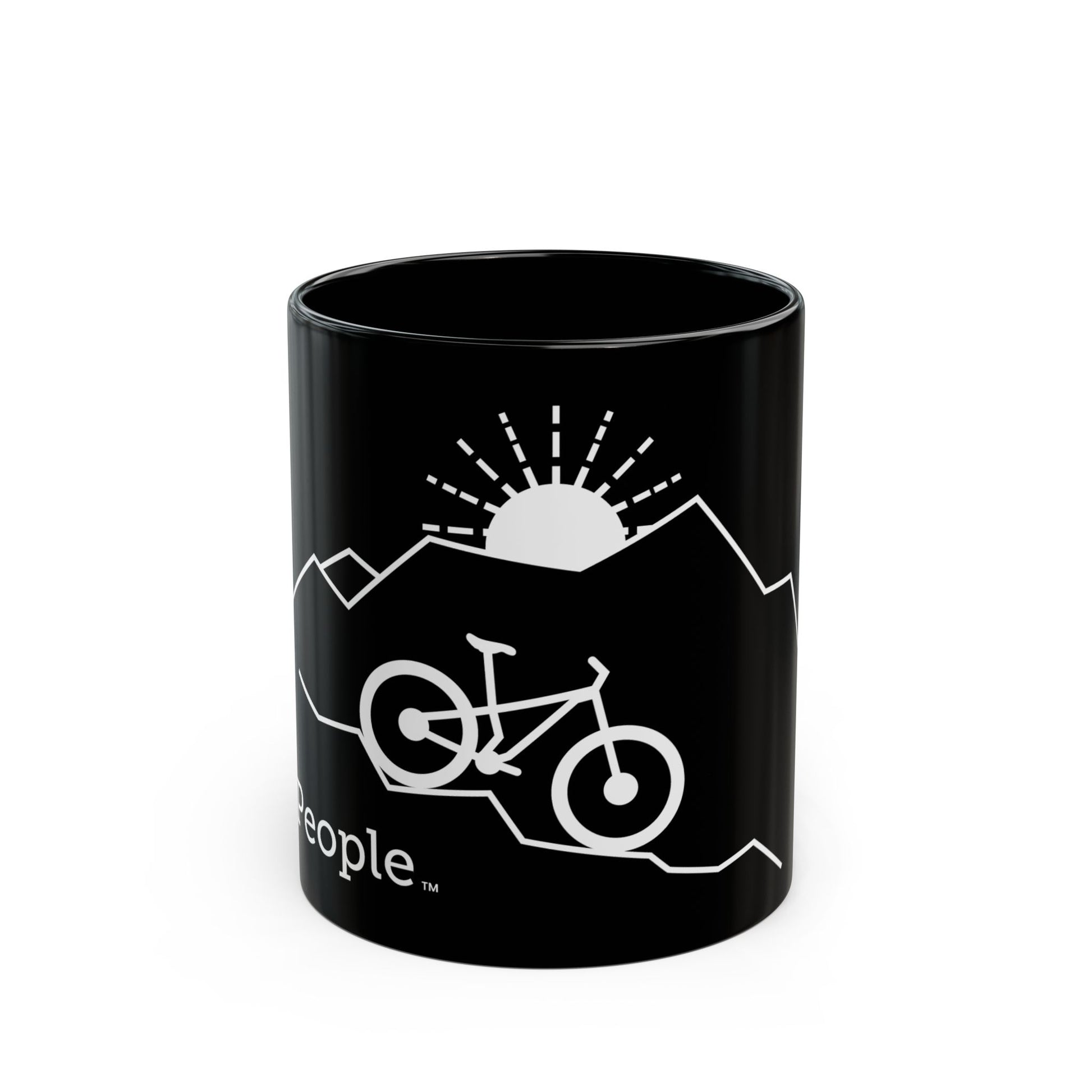 Line illustration of a mountain bike on a downhill slope with mountains and a setting sun behind it, with the word MyPeople underneath printed on a ceramic mug.