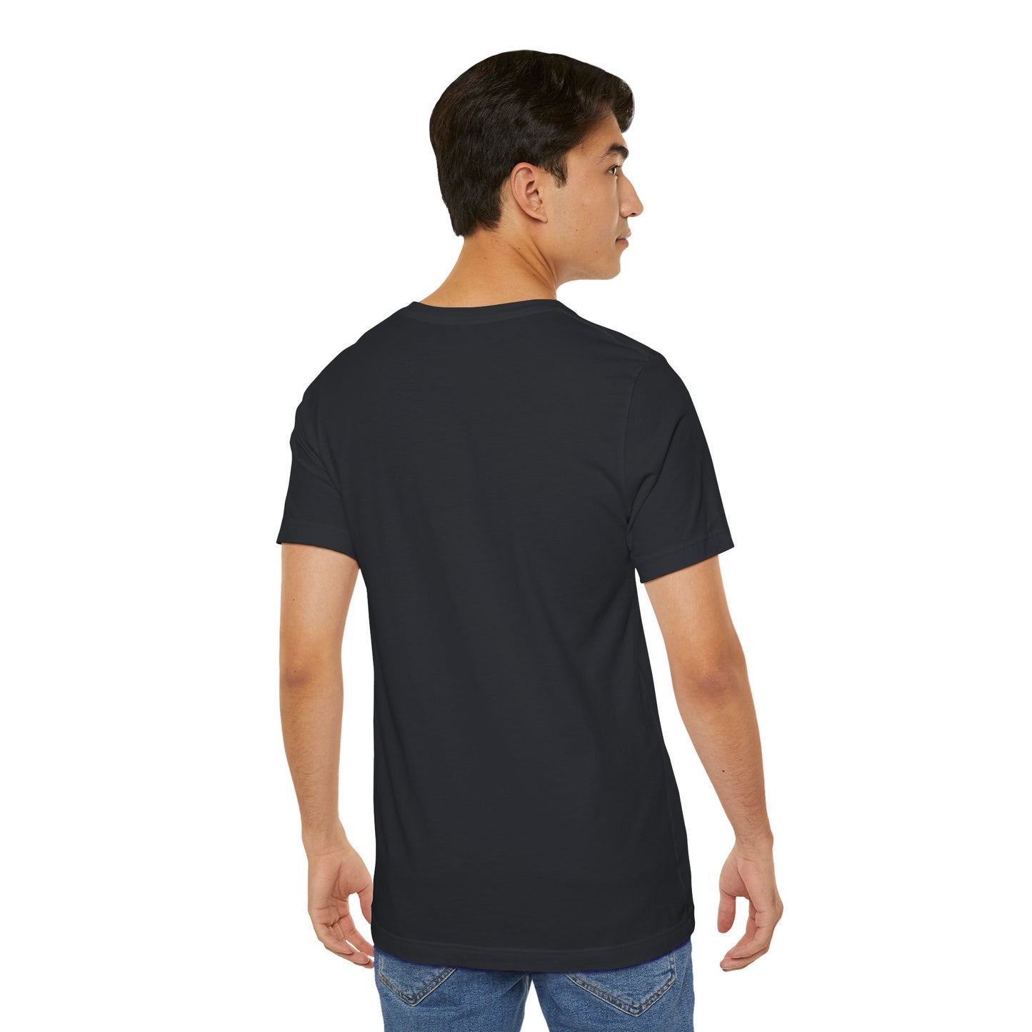 Person wearing a unisex t-shirt showing the back view with no design.