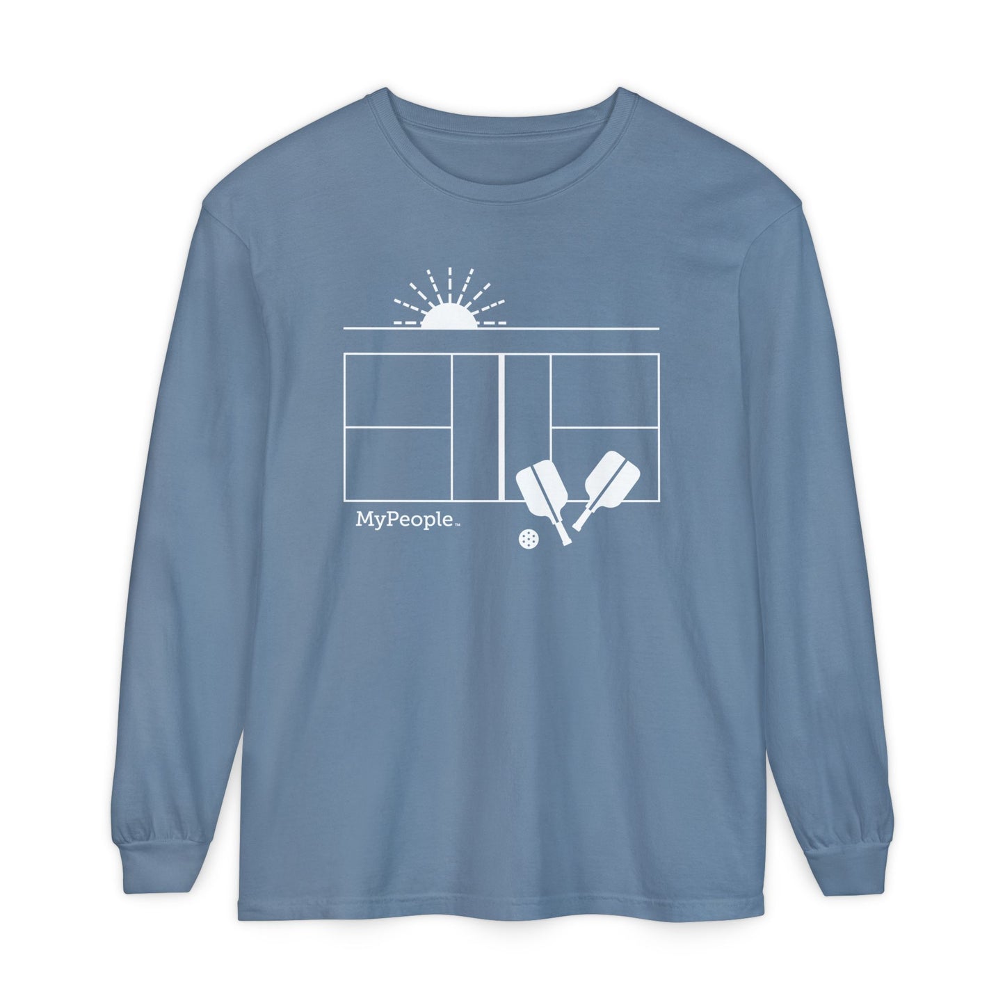 Line illustration of a pickleball court with paddles, a ball, and a setting sun, with the word MyPeople underneath on a unisex garment.