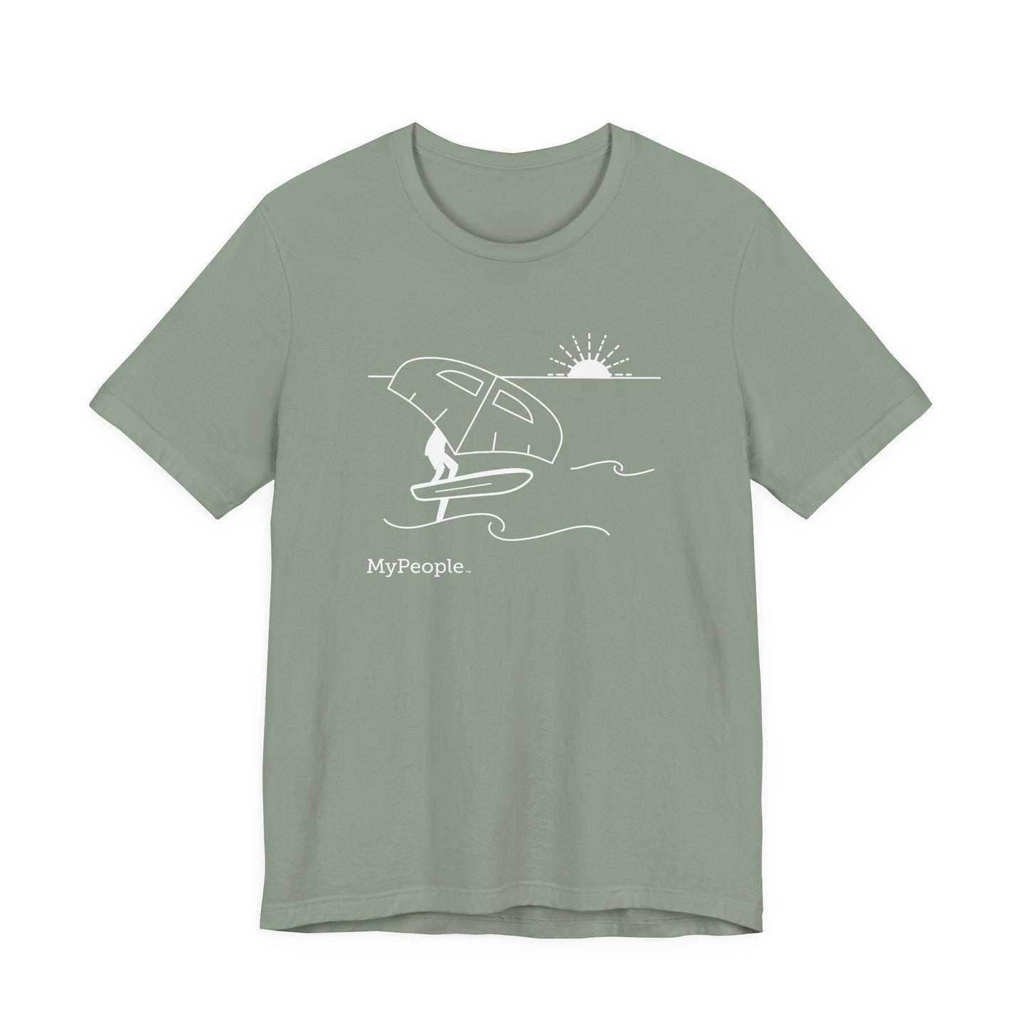 Line illustration of a person wing foiling on the water with a setting sun, with the word MyPeople underneath on a unisex garment.