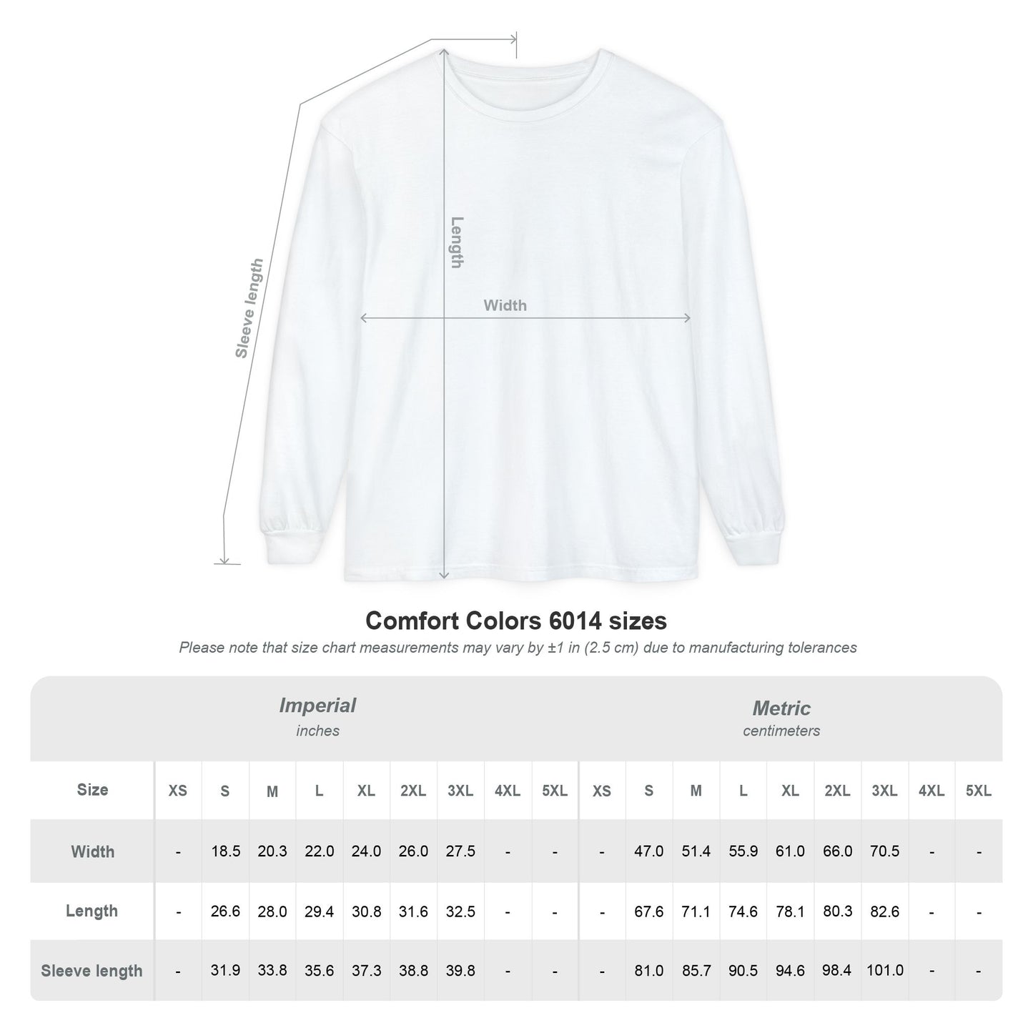 Unisex long-sleeve shirt size chart with measurements for all sizes.