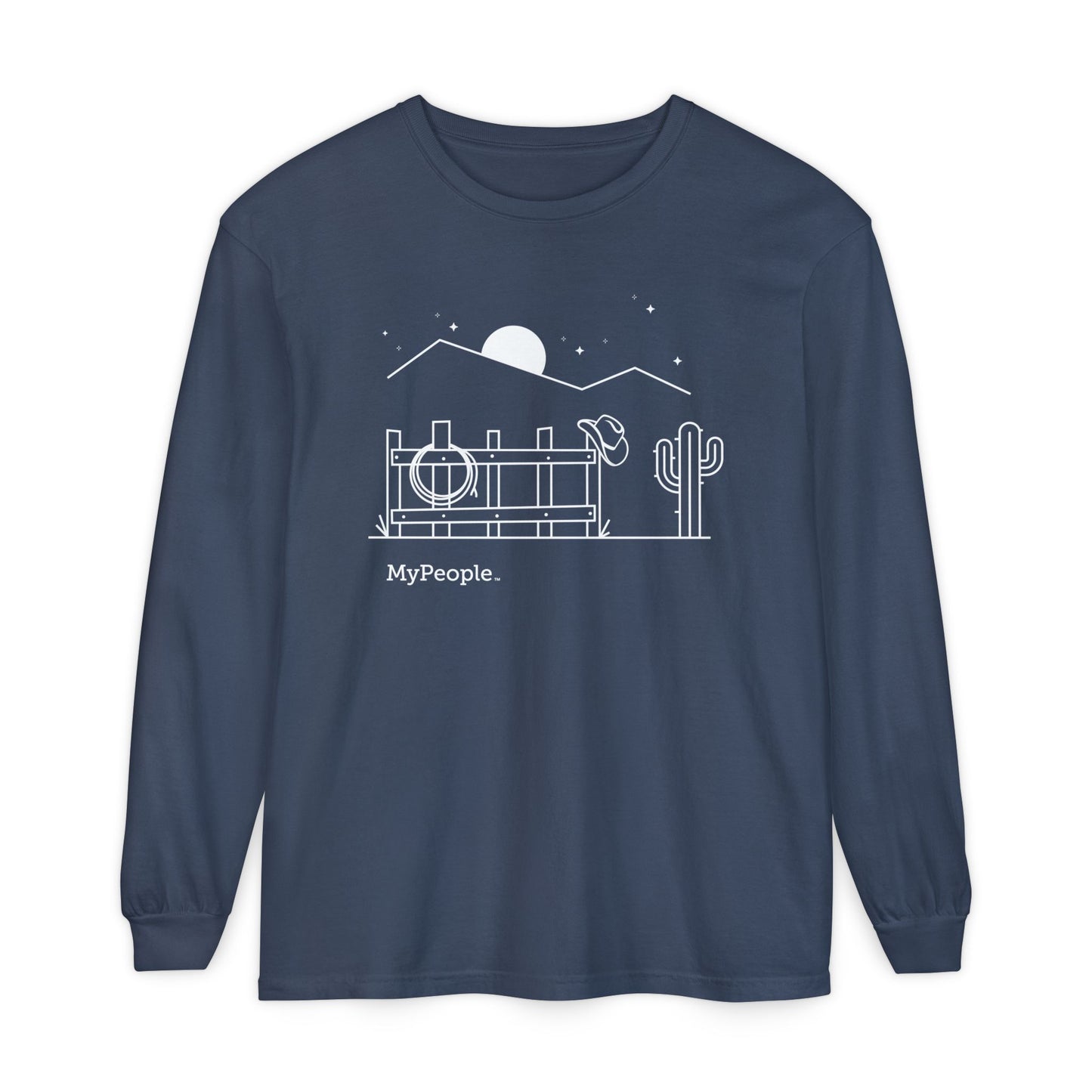 Line illustration of a fence with a cowboy hat, rope, and boots under a night sky, with the word MyPeople underneath on a unisex garment.