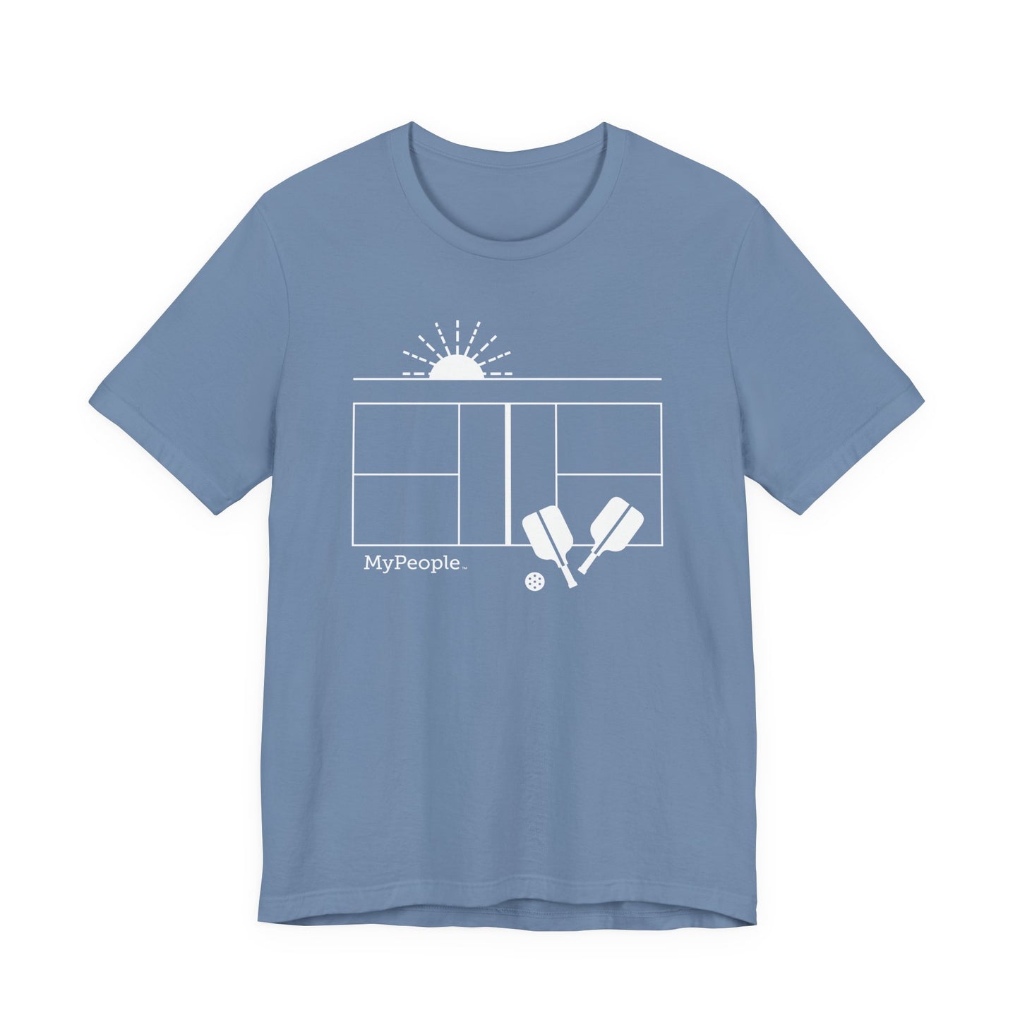 Line illustration of a pickleball court with paddles, a ball, and a setting sun, with the word MyPeople underneath on a unisex garment.