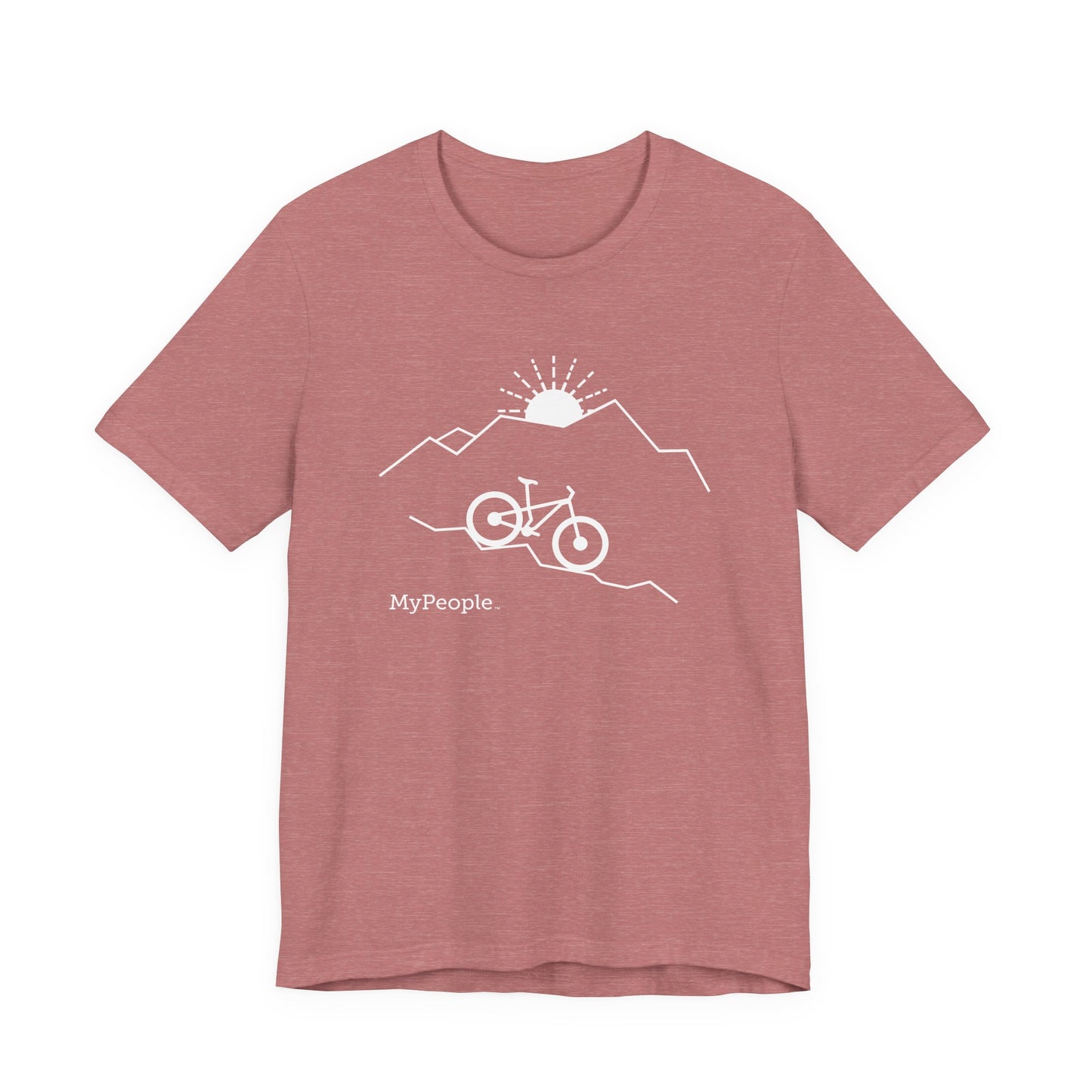 Line illustration of a mountain bike on a downhill slope with mountains and a setting sun, with the word MyPeople underneath on a unisex garment.