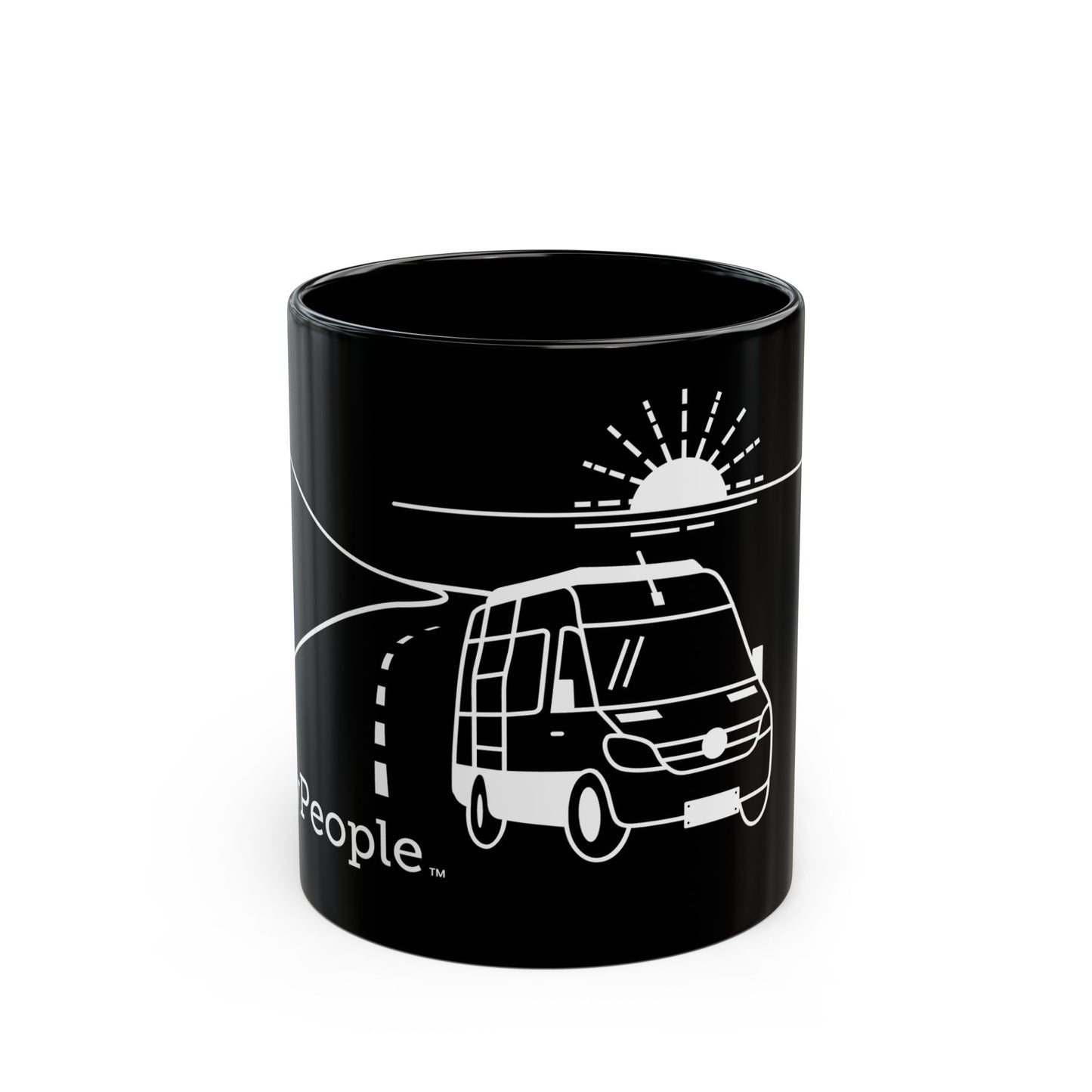 Line illustration of a camper van on the highway with a setting sun in the background, with the word MyPeople underneath printed on a ceramic mug.