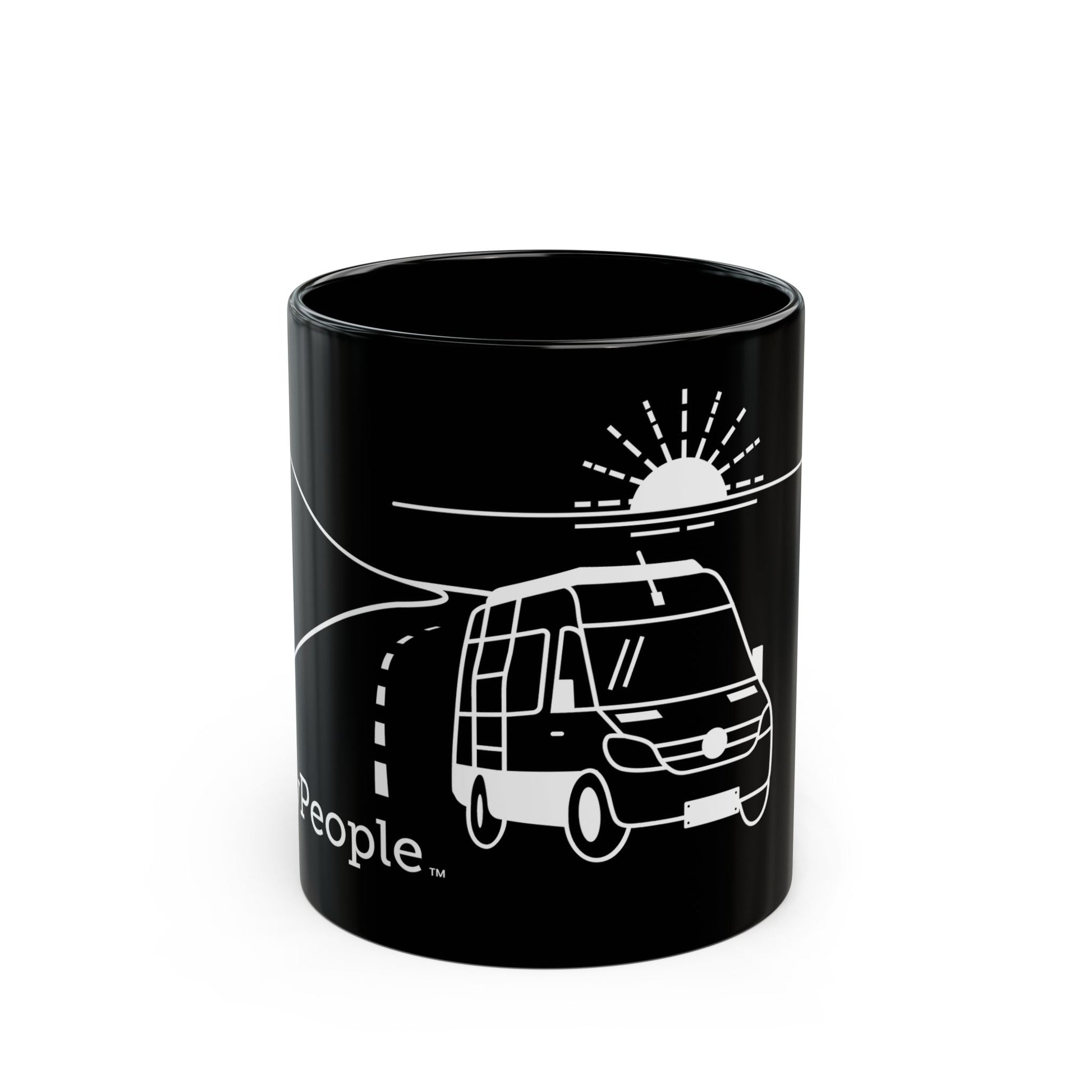 Line illustration of a camper van on the highway with a setting sun in the background, with the word MyPeople underneath printed on a ceramic mug.