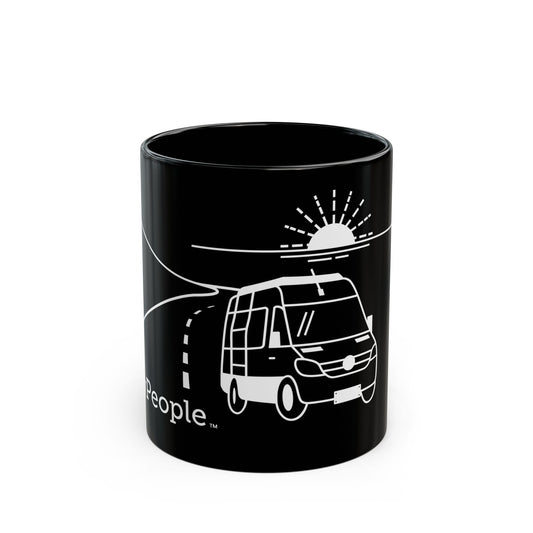 Line illustration of a camper van on the highway with a setting sun in the background, with the word MyPeople underneath printed on a ceramic mug.