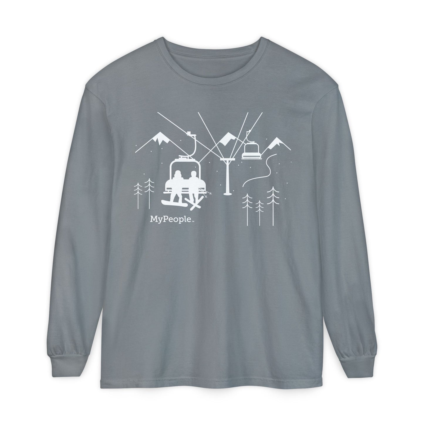 MyPeople Snowsports collection link featuring a line illustration of a snowboarder and skier on a chairlift with snowy peaks behind them.
