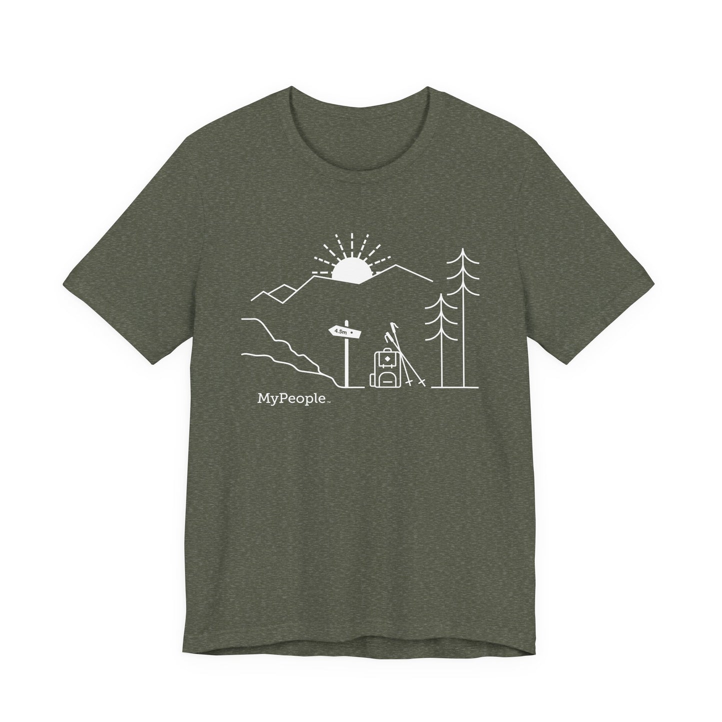 Line illustration of a backpack and hiking poles beside a trail sign with mountains and a setting sun, with the word MyPeople underneath on a unisex garment.