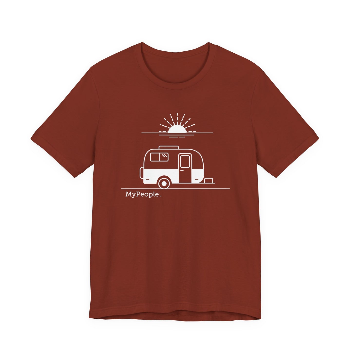 Line illustration of a vintage fiberglass trailer with a setting sun, with the word MyPeople underneath on a unisex garment.