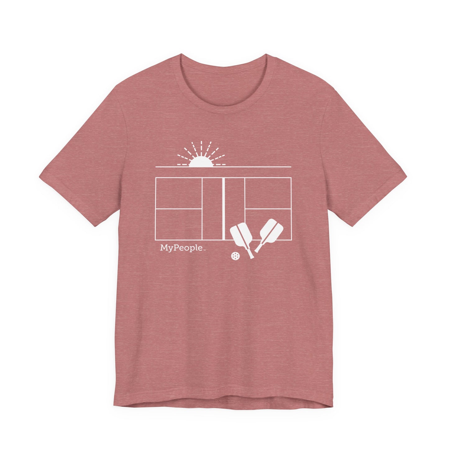 Line illustration of a pickleball court with paddles, a ball, and a setting sun, with the word MyPeople underneath on a unisex garment.