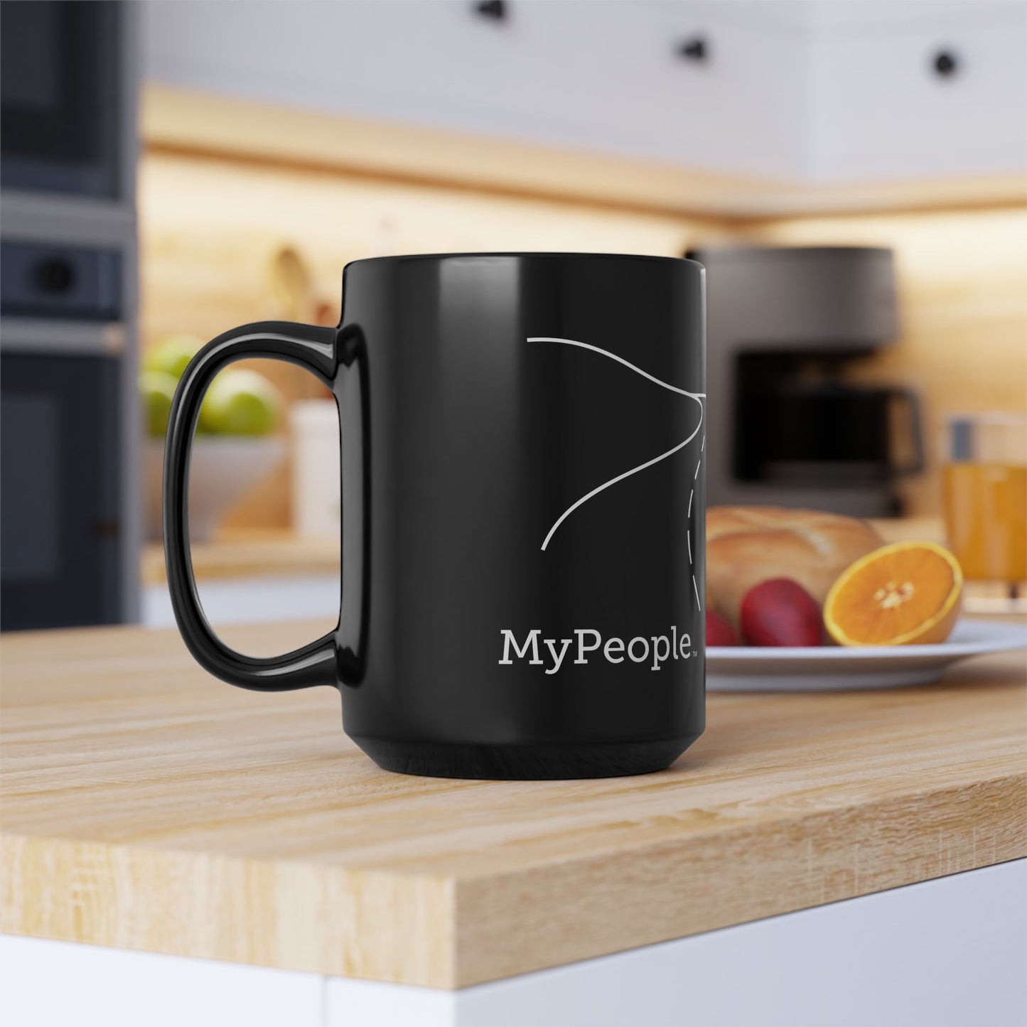 Side view of a ceramic mug with the MyPeople Cycling line illustration, handle on the left.
