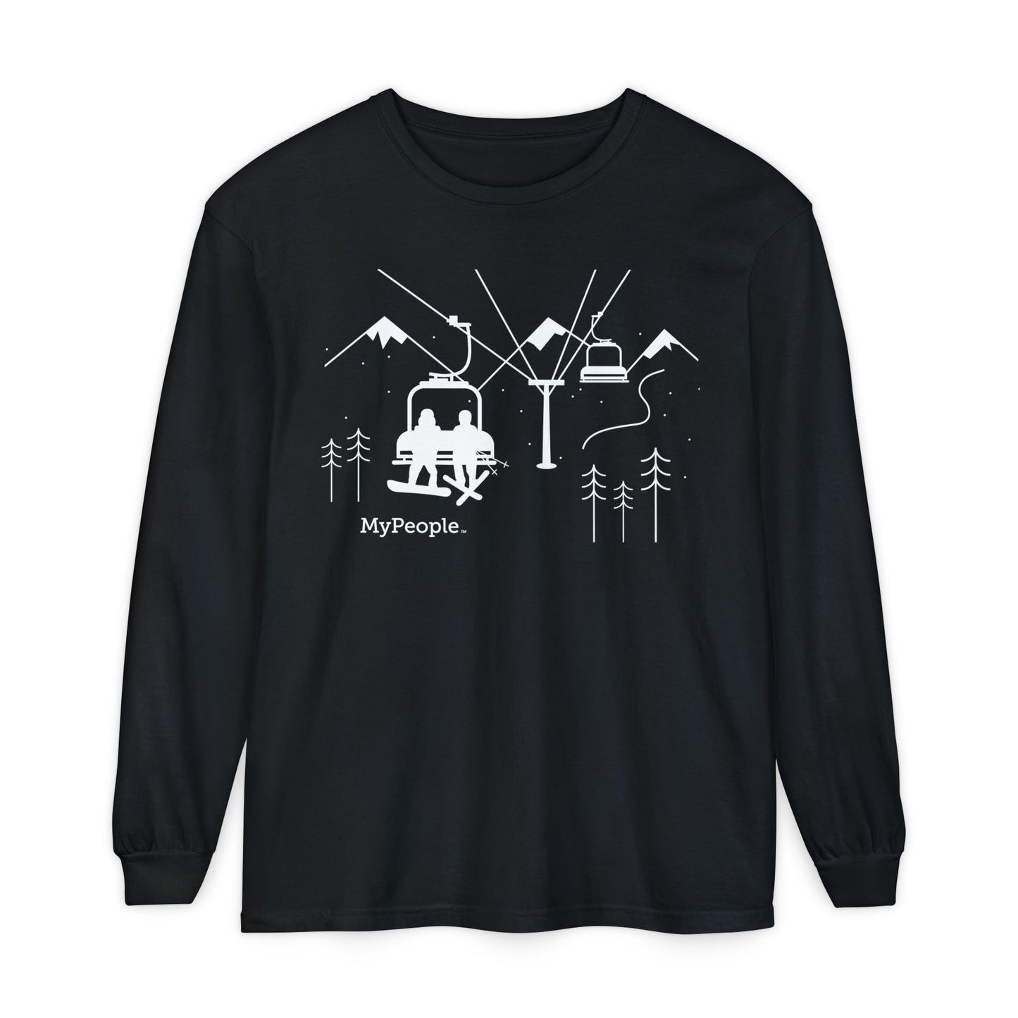 Line illustration of a snowboarder and skier sitting side by side on a chairlift with snowy peaks and trees behind them, with the word MyPeople underneath on a unisex long-sleeve shirt.
