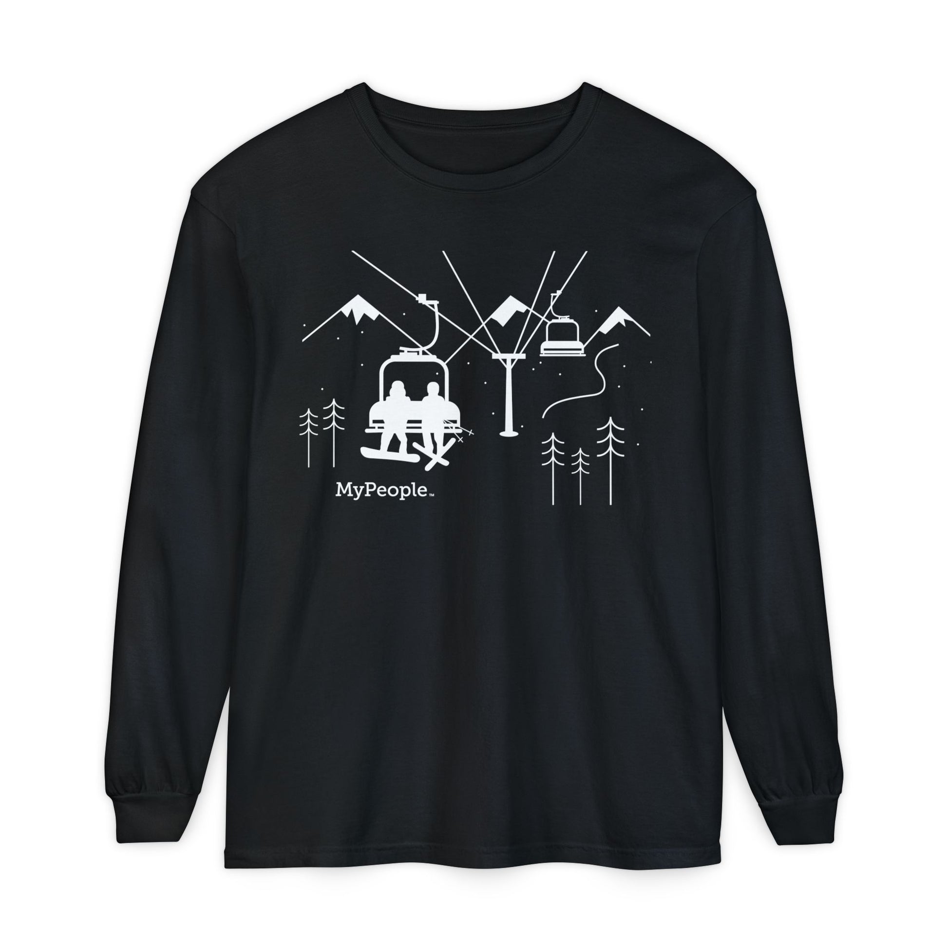 Line illustration of a snowboarder and skier sitting side by side on a chairlift with snowy peaks and trees behind them, with the word MyPeople underneath on a unisex long-sleeve shirt.
