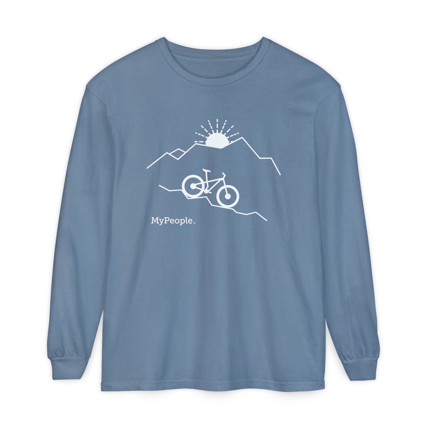 Line illustration of a mountain bike on a downhill slope with mountains and a setting sun, with the word MyPeople underneath on a unisex garment.