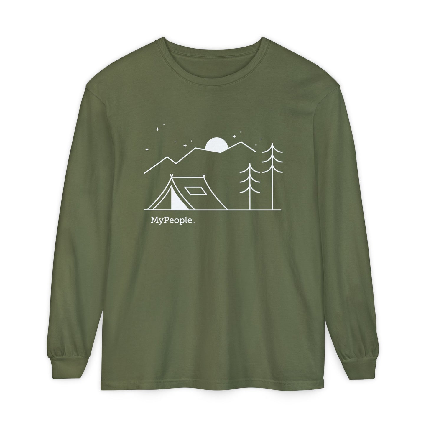 Line illustration of a tent beneath a tree with mountains, stars, and a moon, with the word MyPeople underneath on a unisex garment.