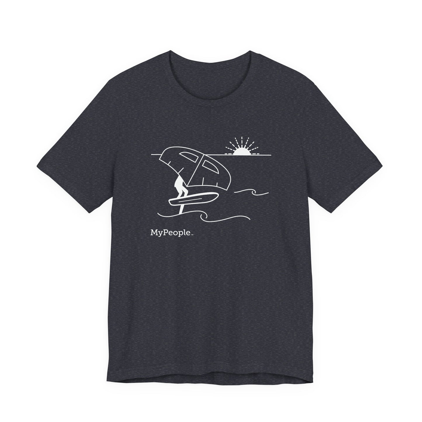 Line illustration of a person wing foiling on the water with a setting sun, with the word MyPeople underneath on a unisex garment.