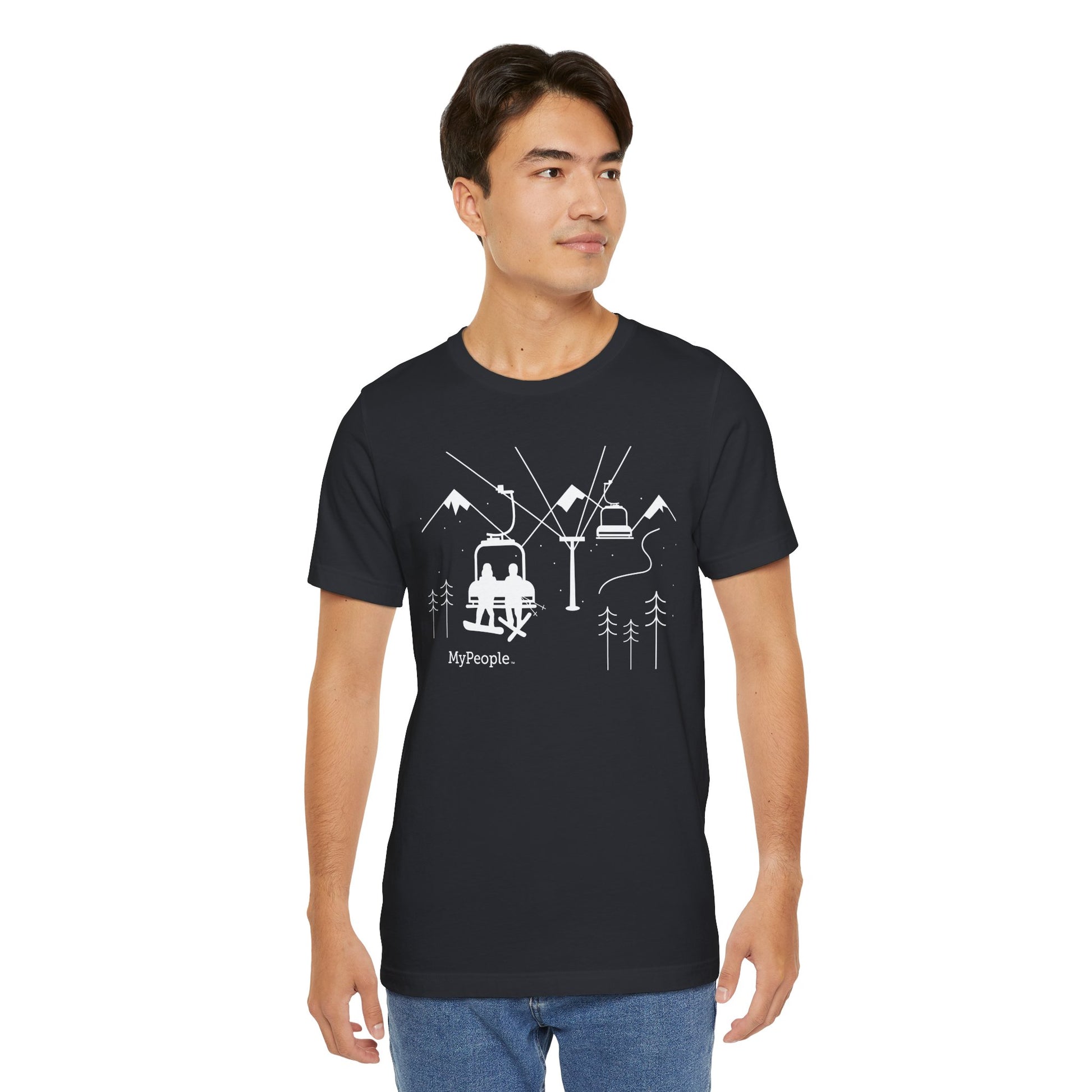 Person wearing a unisex t-shirt showing the front view with the MyPeople Snowsports line illustration.

