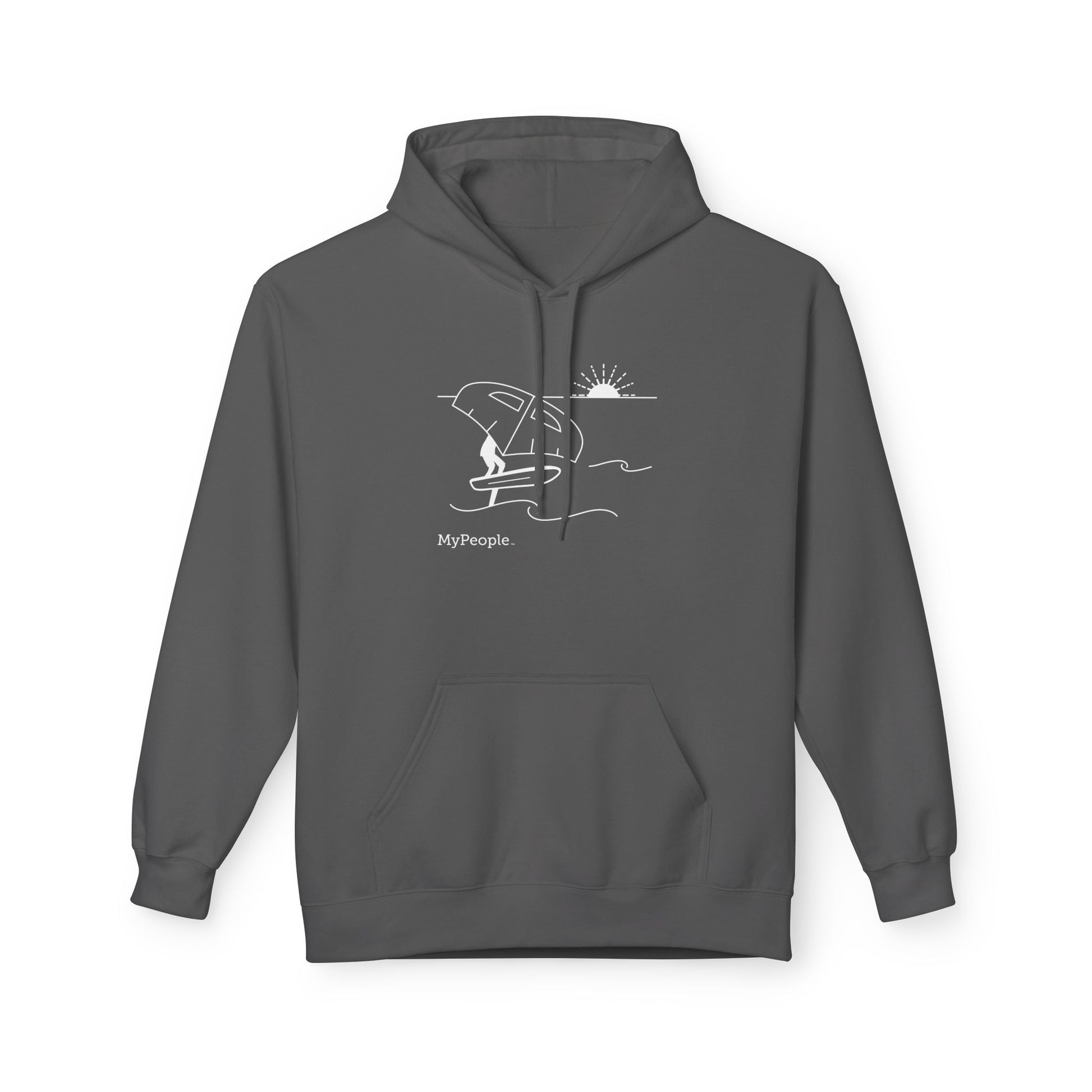 Line illustration of a person wing foiling on the water with a setting sun, with the word MyPeople underneath on a unisex garment.
