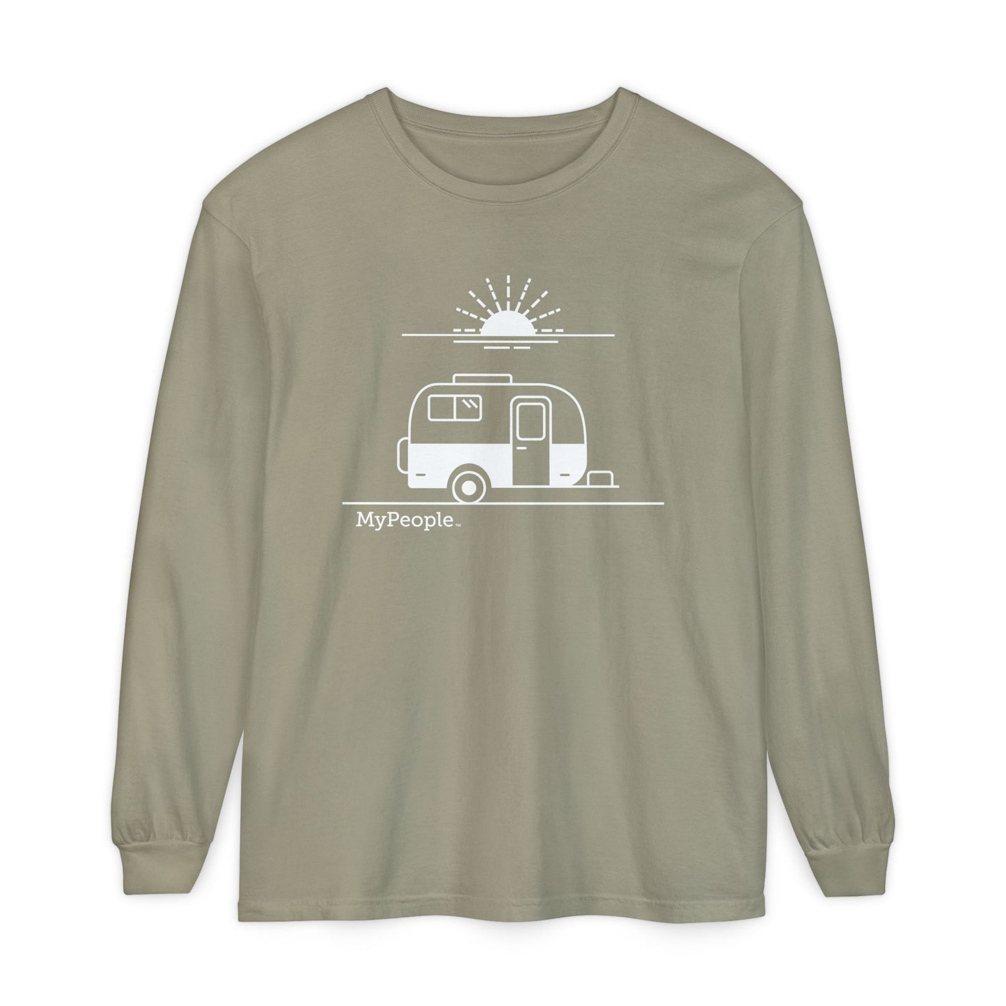 Line illustration of a vintage fiberglass trailer with a setting sun, with the word MyPeople underneath on a unisex garment.