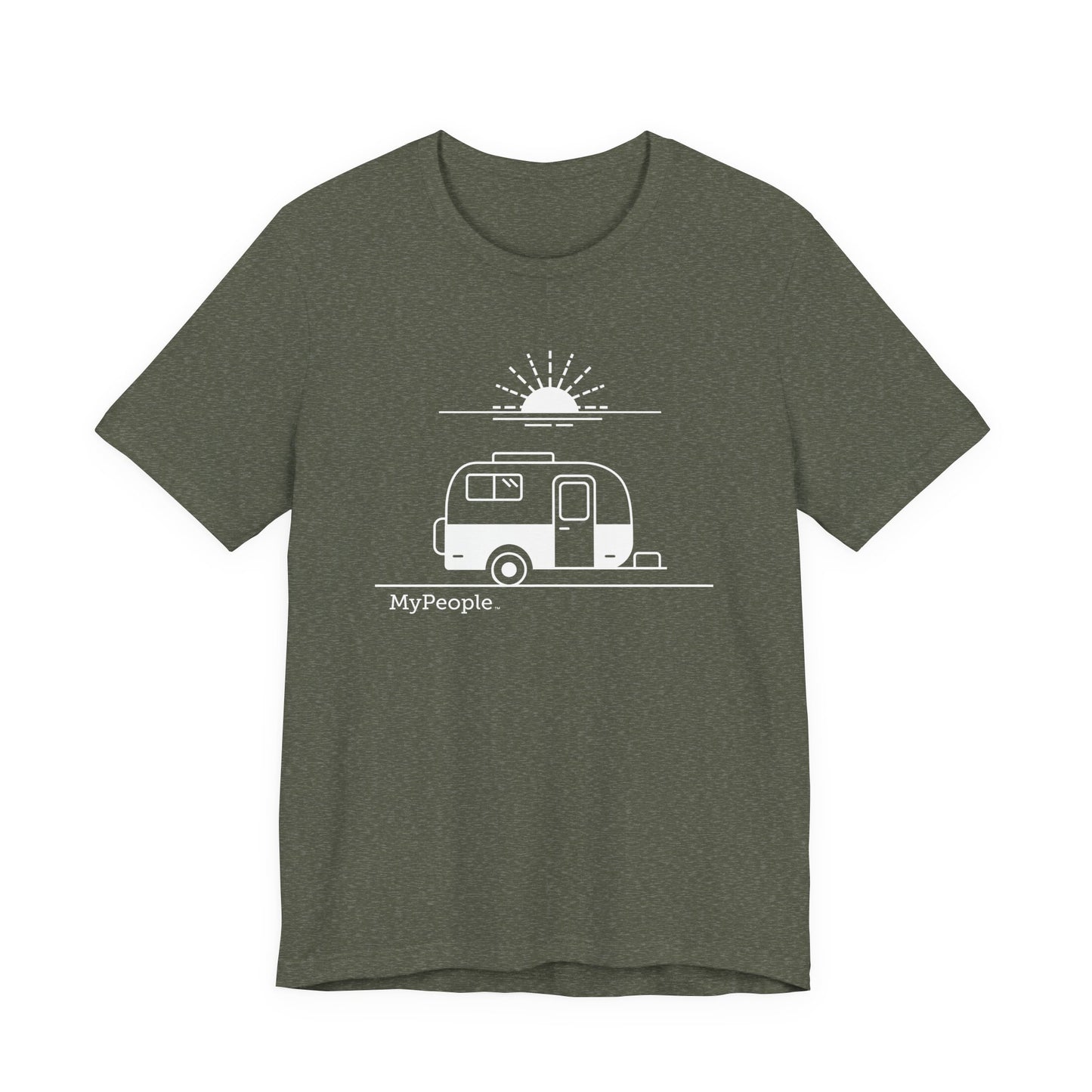 Line illustration of a vintage fiberglass trailer with a setting sun, with the word MyPeople underneath on a unisex garment.