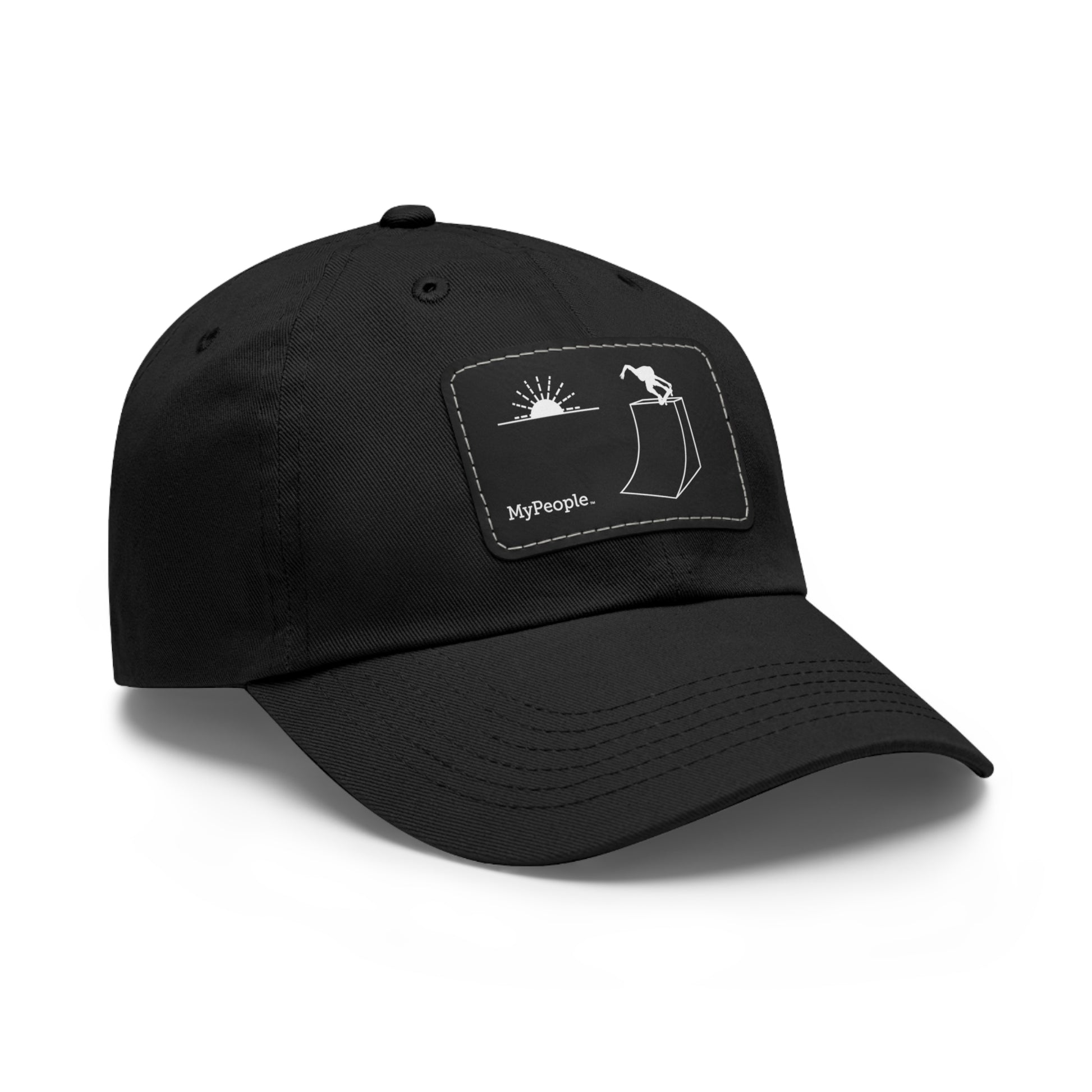 Angled view of a hat with a leather patch printed with the MyPeople Skating line illustration.
