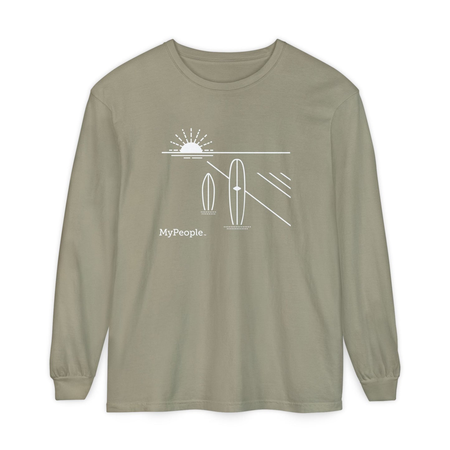 Line illustration of two surfboards standing upright in the sand with a setting sun, with the word MyPeople underneath on a unisex garment.