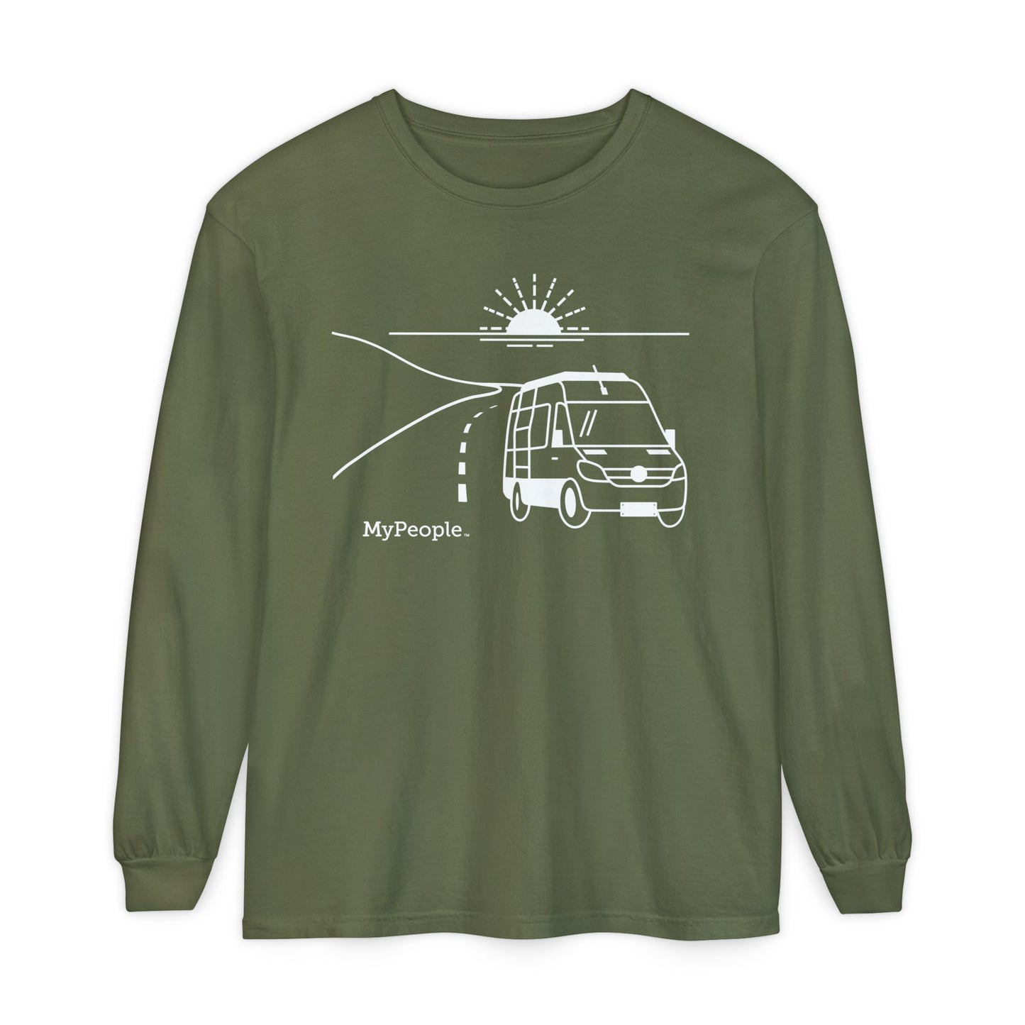 Line illustration of a camper van on a highway with a setting sun, with the word MyPeople underneath on a unisex garment.
