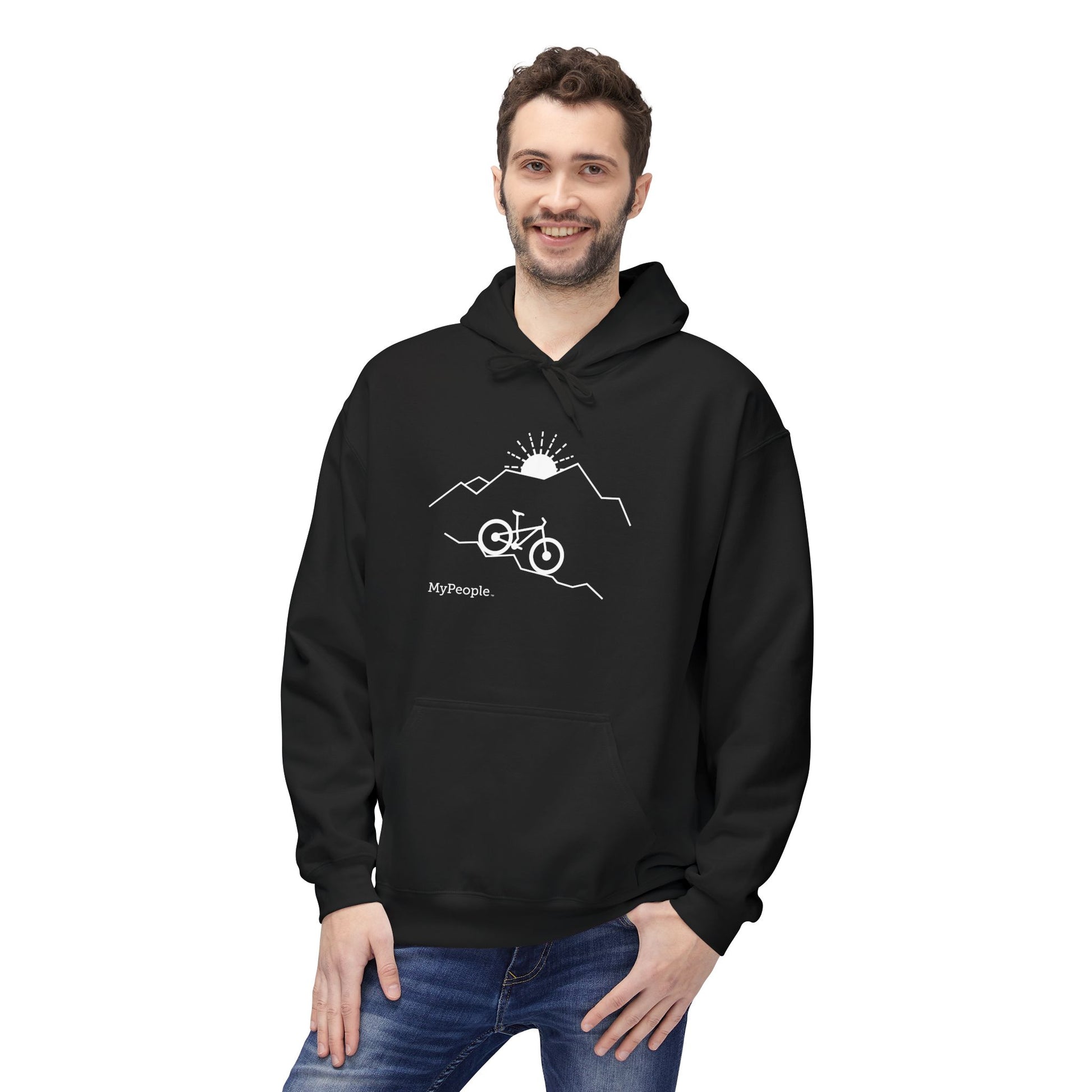 Person wearing a unisex hoodie showing the front view with the MyPeople Mountain Biking line illustration.

