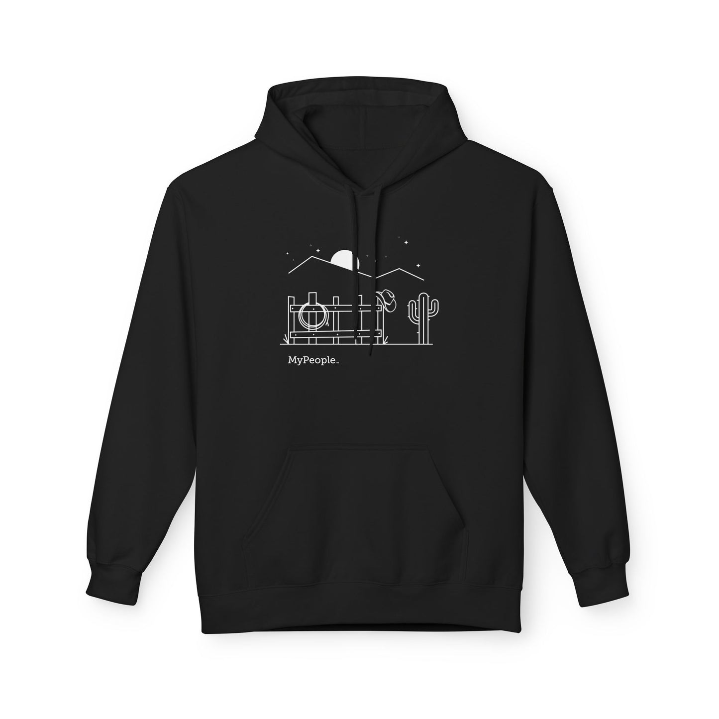 line illustration of a fence with a cowboy hat, rope, and boots, with stars and a moon in the night sky, with the word MyPeople underneath on a unisex hoodie.