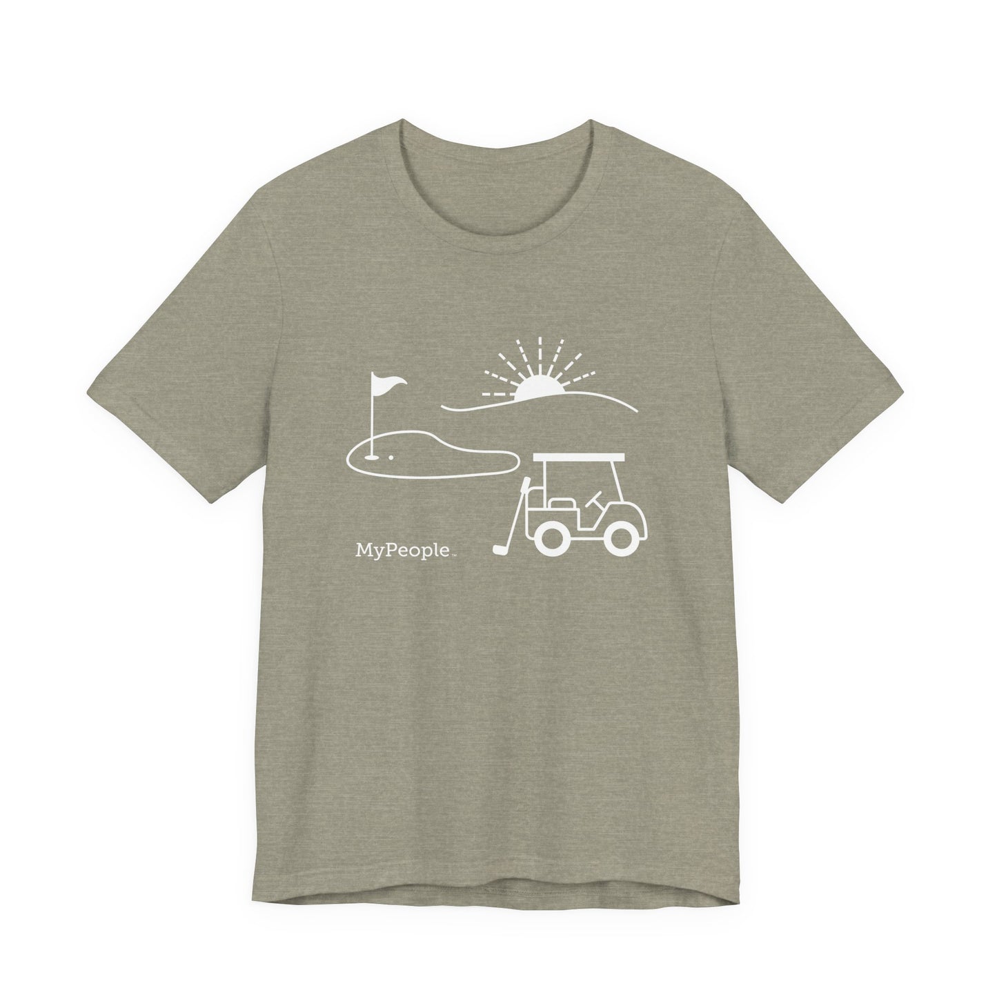 Line illustration of a golf cart, club, and green with a setting sun, with the word MyPeople underneath on a unisex garment.