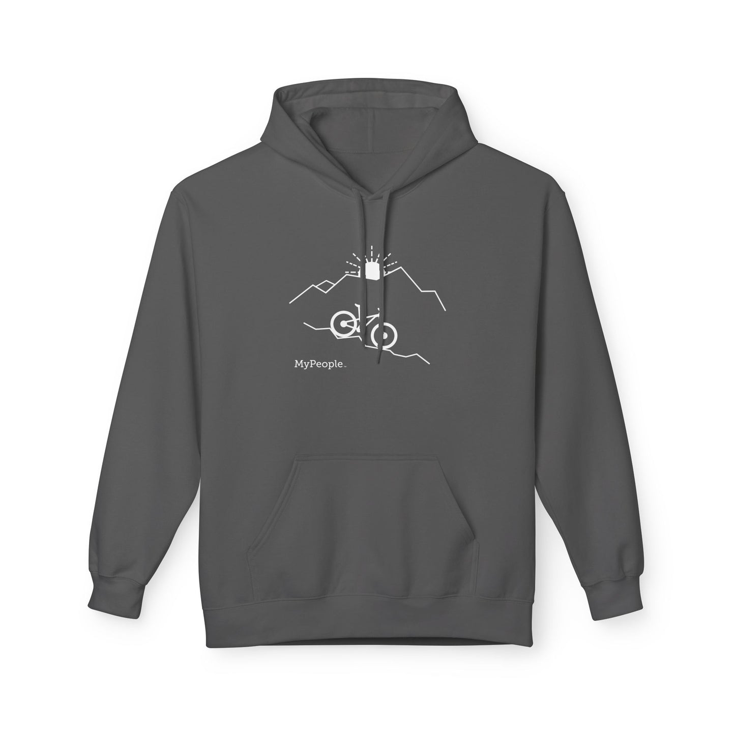 Line illustration of a mountain bike on a downhill slope with mountains and a setting sun, with the word MyPeople underneath on a unisex garment.