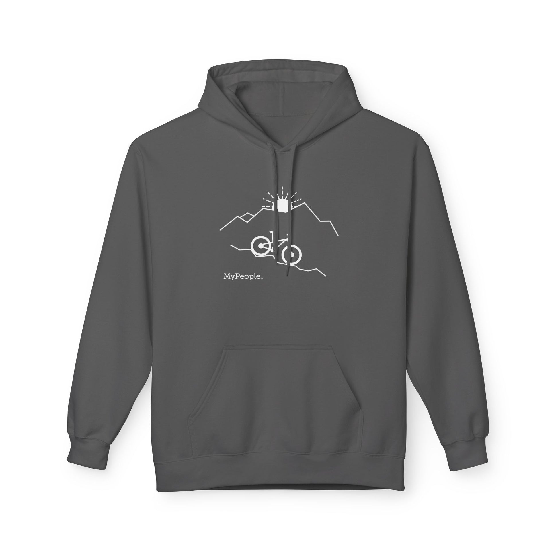 Line illustration of a mountain bike on a downhill slope with mountains and a setting sun, with the word MyPeople underneath on a unisex garment.