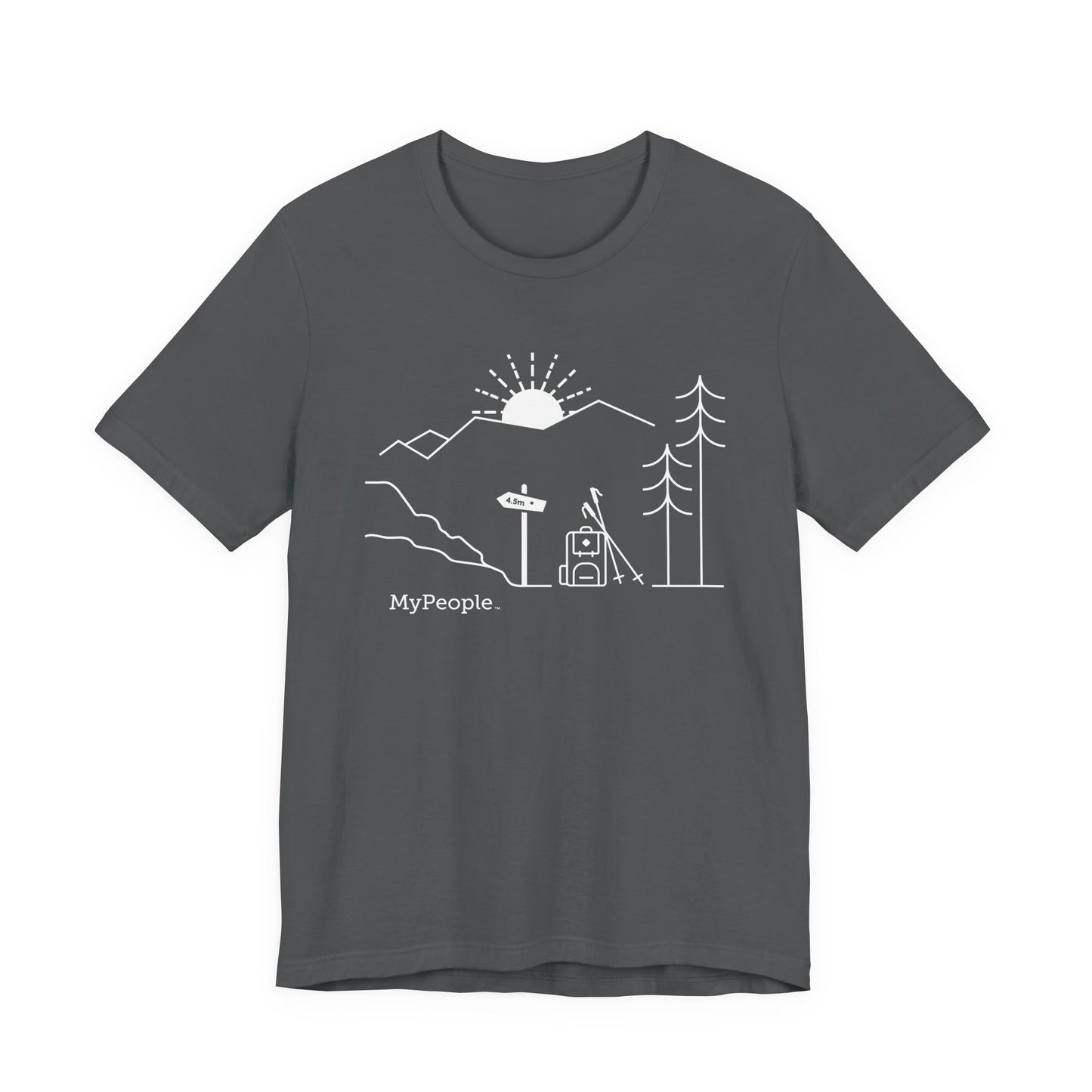 Line illustration of a backpack and hiking poles beside a trail sign with mountains and a setting sun, with the word MyPeople underneath on a unisex garment.