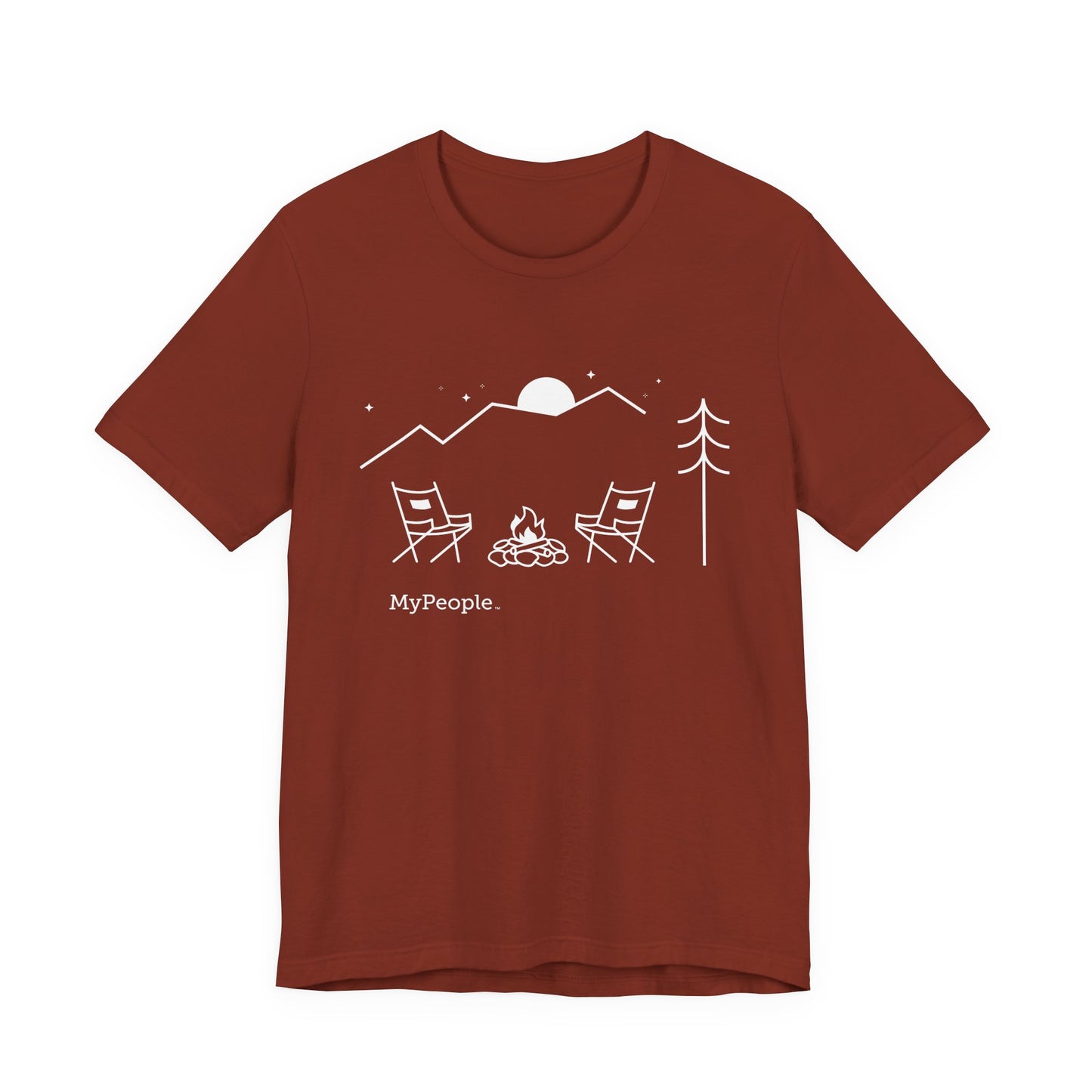 Line illustration of two chairs by a campfire under a tree with mountains and a night sky, with the word MyPeople underneath on a unisex garment.