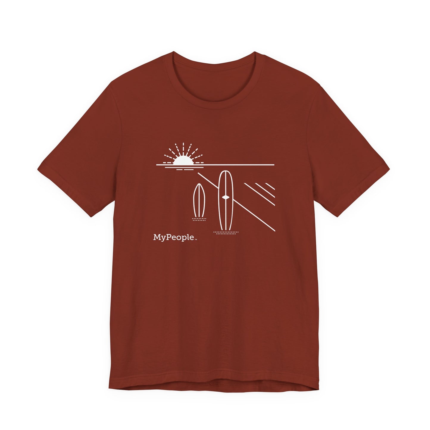 Line illustration of two surfboards standing upright in the sand with a setting sun, with the word MyPeople underneath on a unisex garment.
