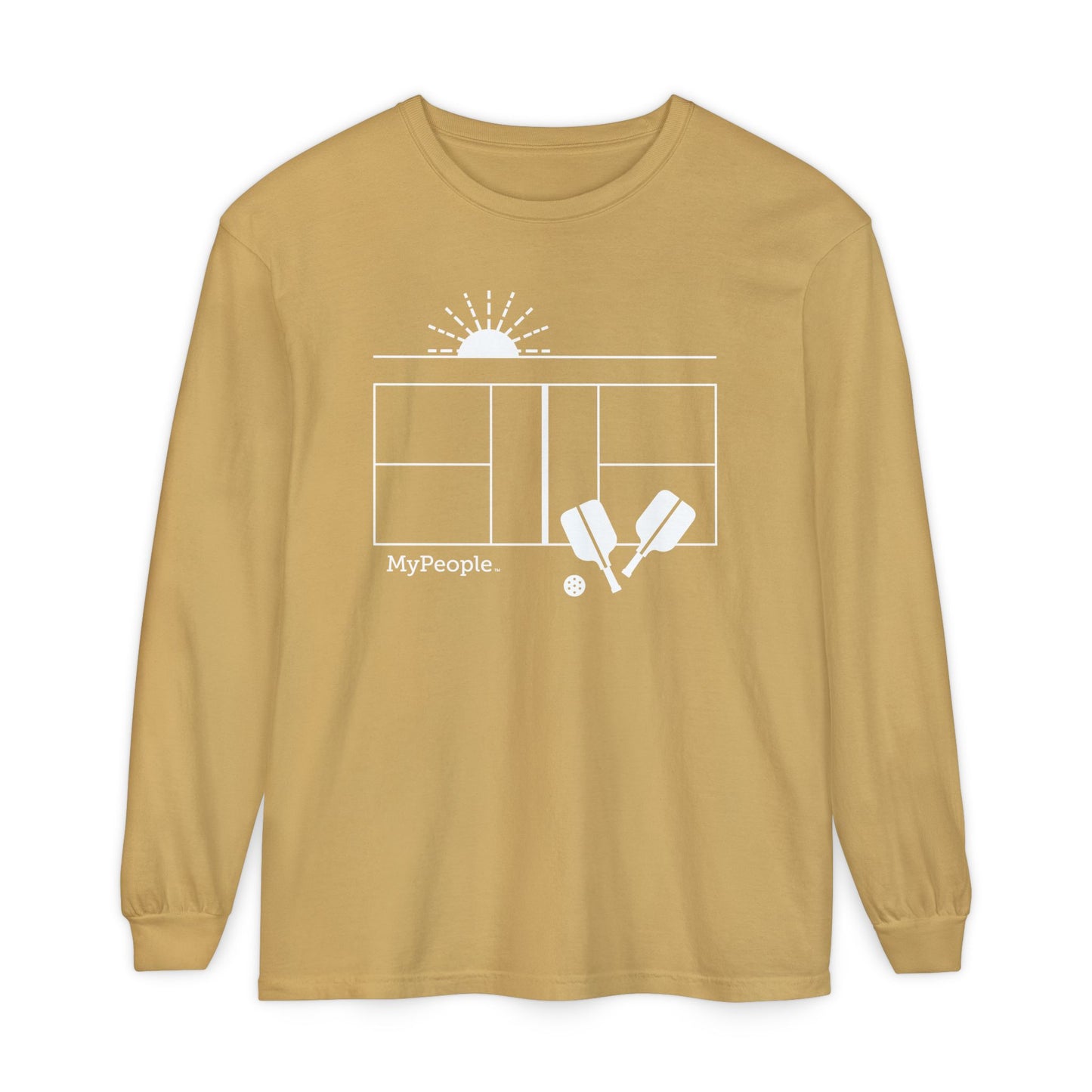 Line illustration of a fence with a cowboy hat, rope, and boots under a night sky, with the word MyPeople underneath on a unisex garment.