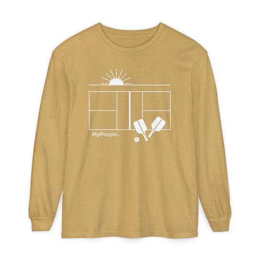 Line illustration of a fence with a cowboy hat, rope, and boots under a night sky, with the word MyPeople underneath on a unisex garment.