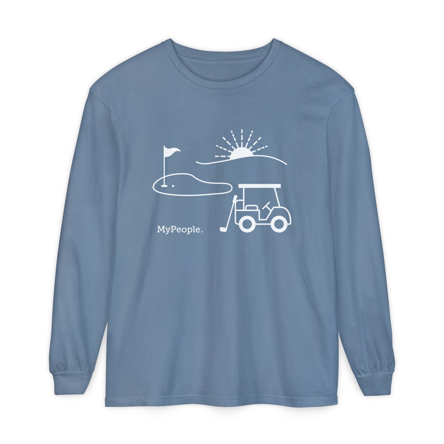 Line illustration of a golf cart, club, and green with a setting sun, with the word MyPeople underneath on a unisex garment.