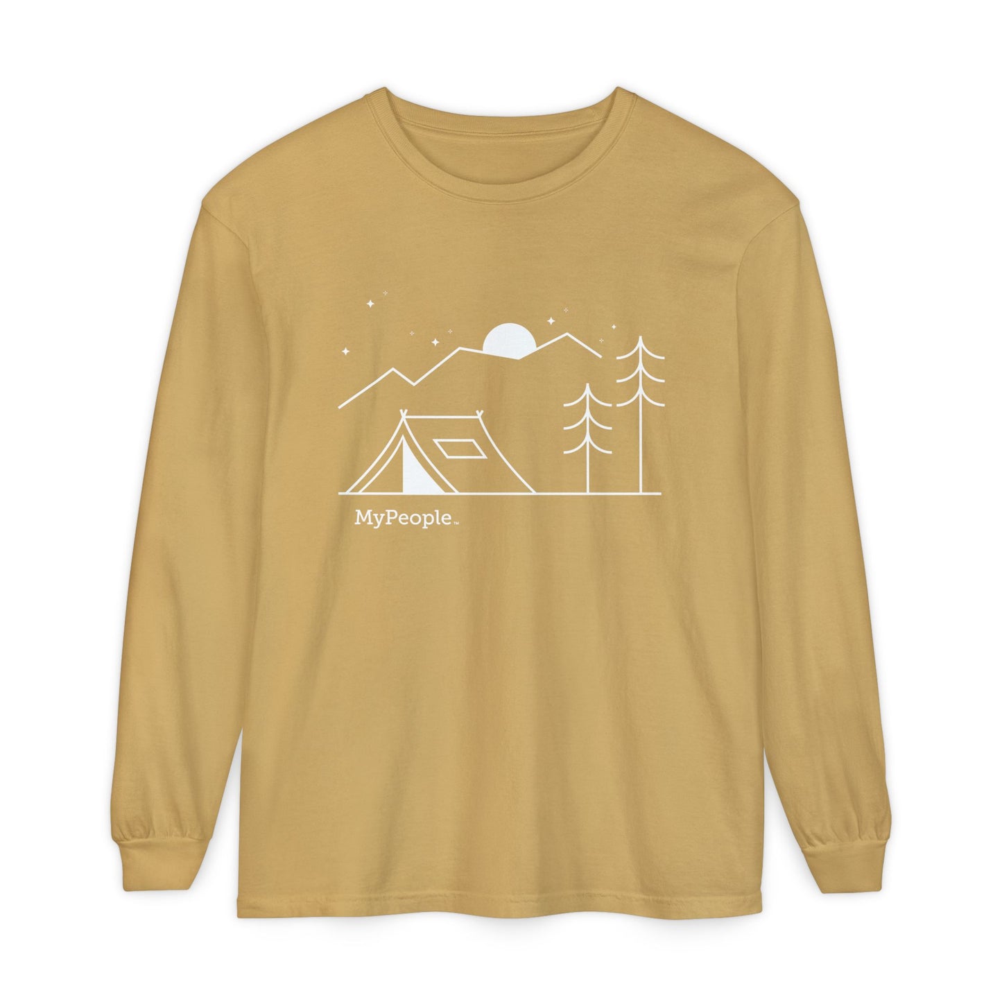Line illustration of a tent beneath a tree with mountains, stars, and a moon, with the word MyPeople underneath on a unisex garment.