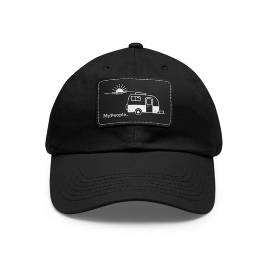 Line illustration of a classic vintage fiberglass trailer with a setting sun behind it, with the word MyPeople underneath printed on a leather patch on a unisex hat.