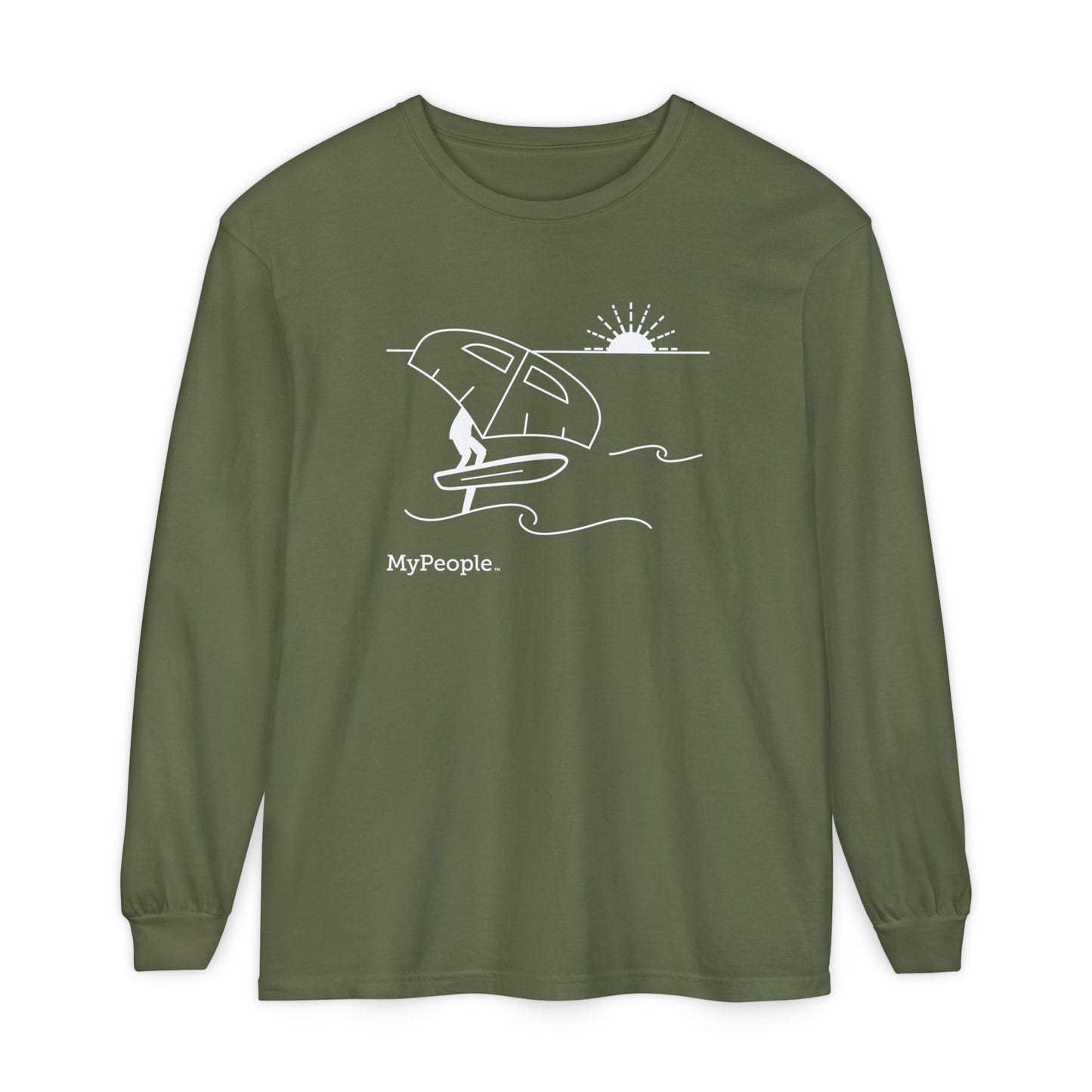 Line illustration of a person wing foiling on the water with a setting sun, with the word MyPeople underneath on a unisex garment.