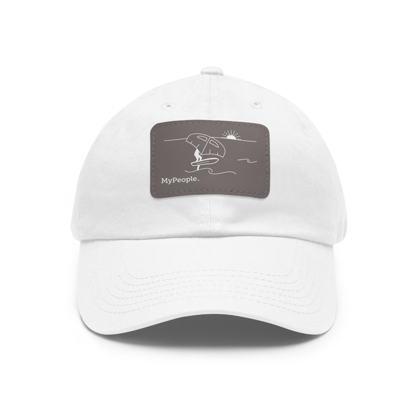 Hat with a leather patch printed with the MyPeople Wing Foiling line illustration.
