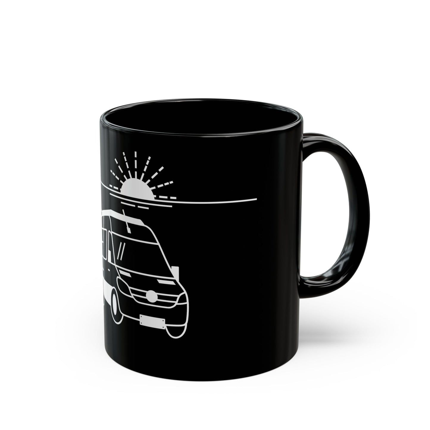 Side view of a ceramic mug with the MyPeople Van Life line illustration, handle on the right.
