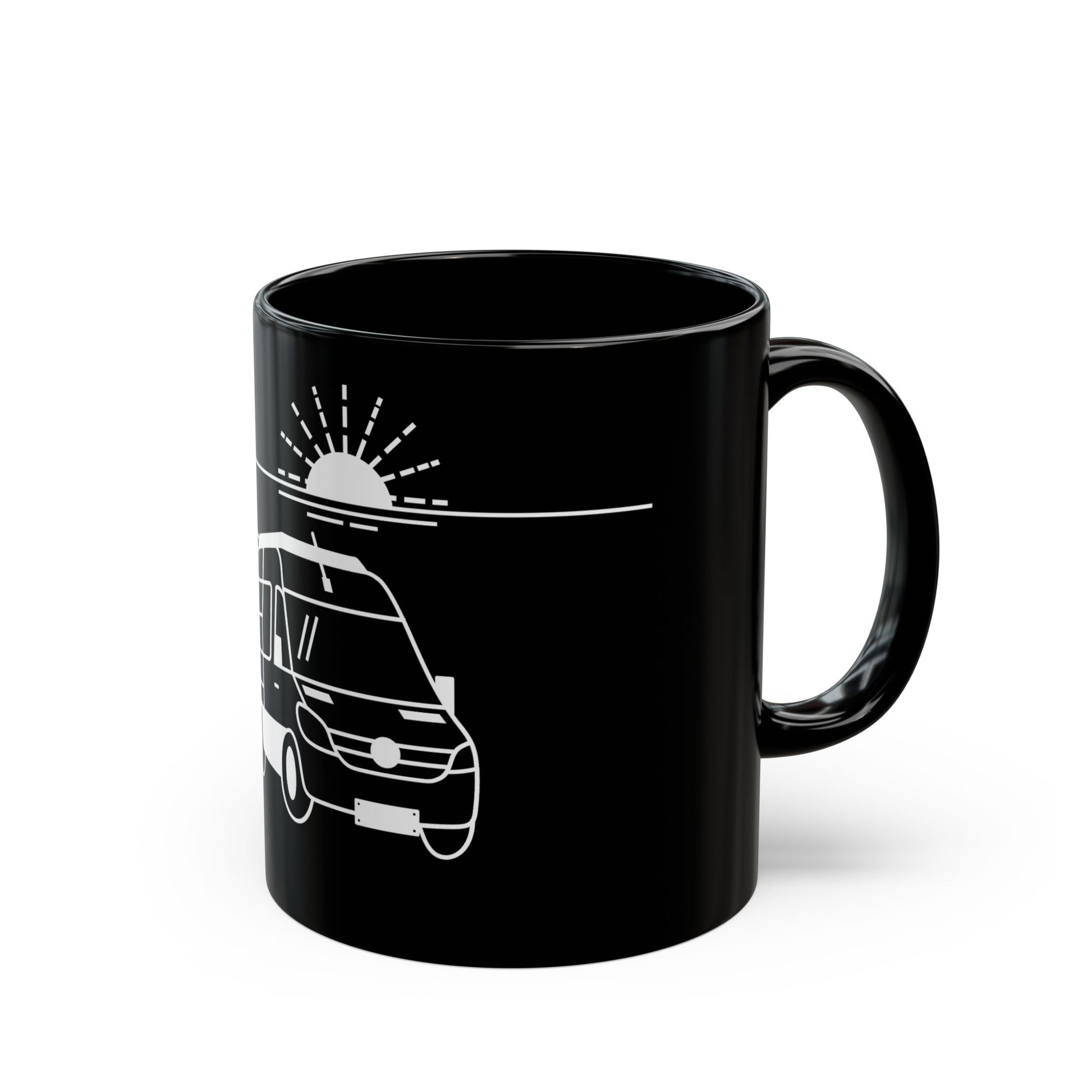 Side view of a ceramic mug with the MyPeople Van Life line illustration, handle on the right.

