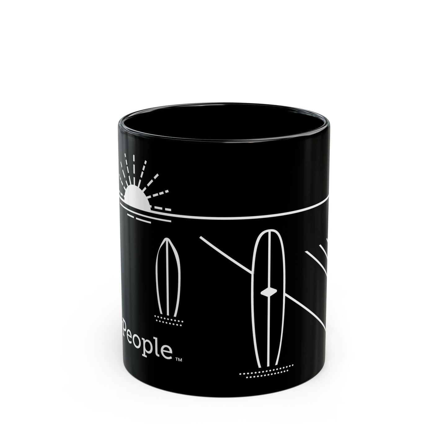 Line illustration of two surfboards standing upright in the sand with a setting sun behind, with the word MyPeople underneath printed on a ceramic mug.