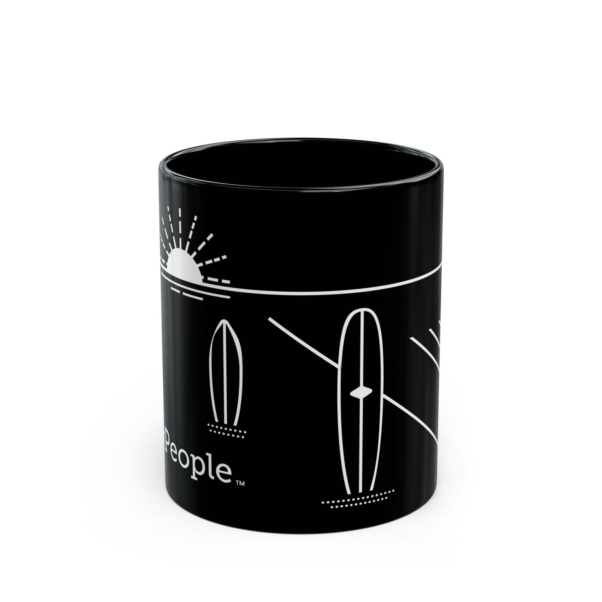 Line illustration of two surfboards standing upright in the sand with a setting sun behind, with the word MyPeople underneath printed on a ceramic mug.
