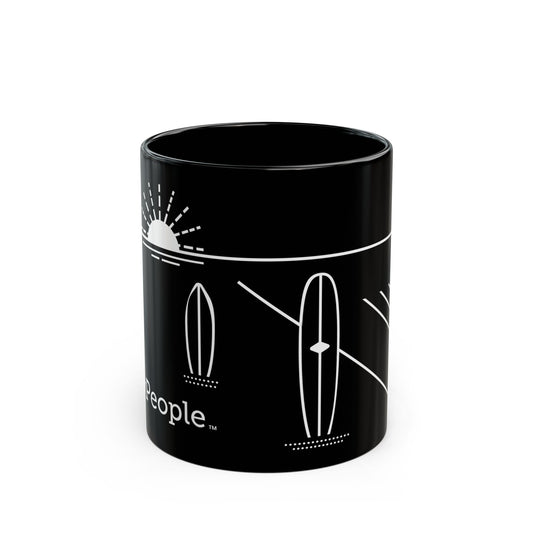 Line illustration of two surfboards standing upright in the sand with a setting sun behind, with the word MyPeople underneath printed on a ceramic mug.